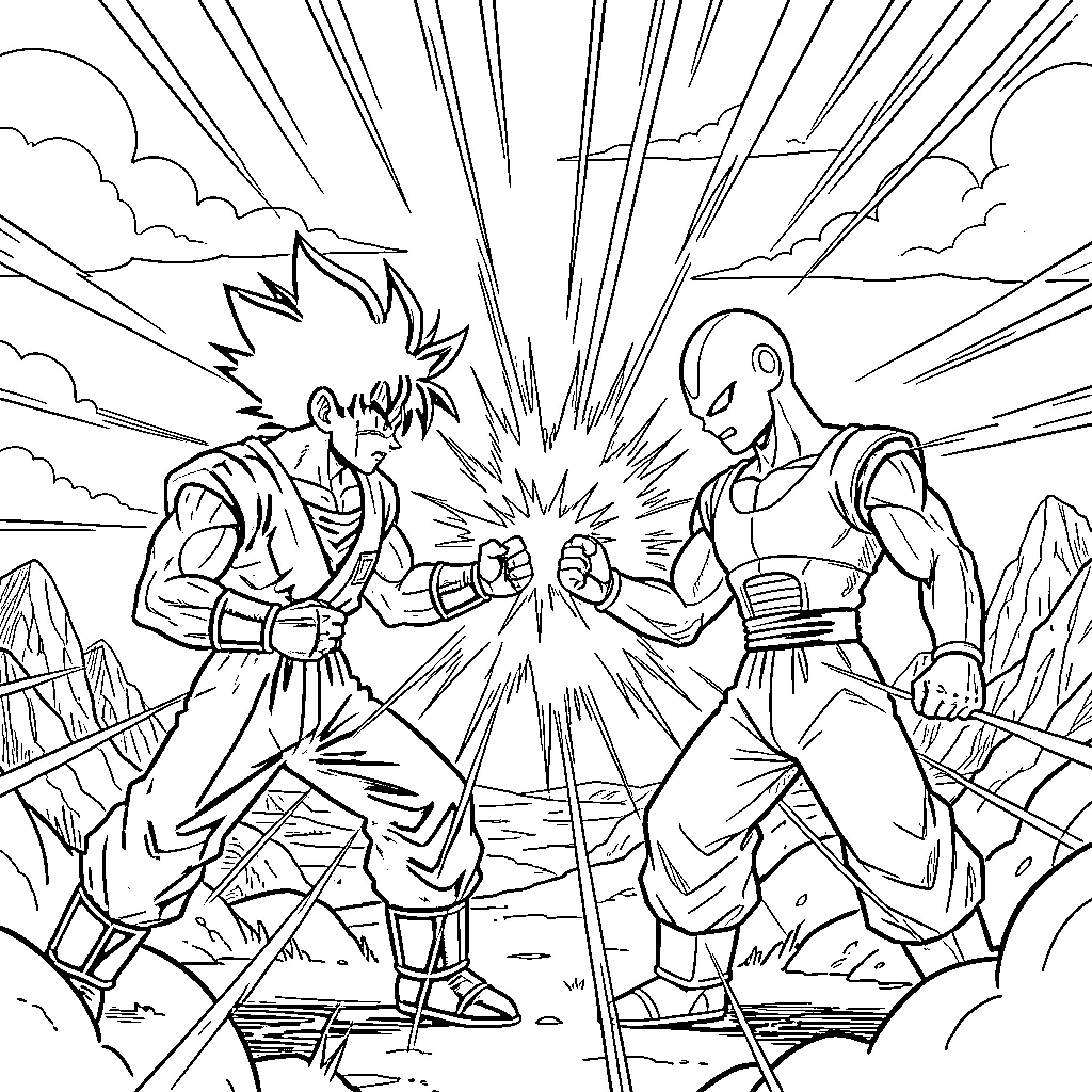 Goku Black engaging in intense battle with opponent Coloring Page (free black-and-white line drawing printable PDF for all, from beginners to advanced learners, including children, teens, adults, and seniors)
