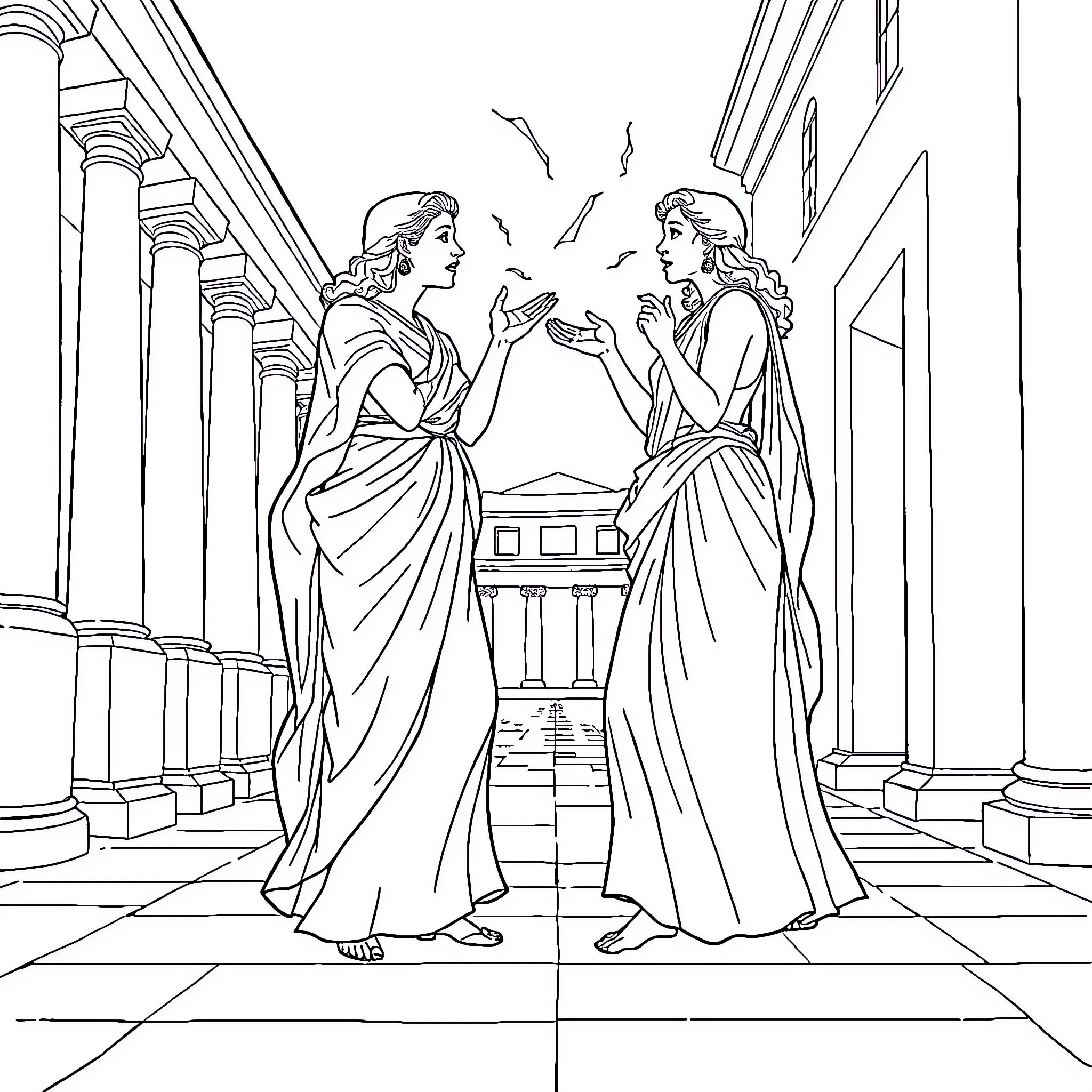 Women in ancient Greek attire conversing in temple Coloring Page (free black-and-white line drawing printable PDF for all, from beginners to advanced learners, including children, teens, adults, and seniors)