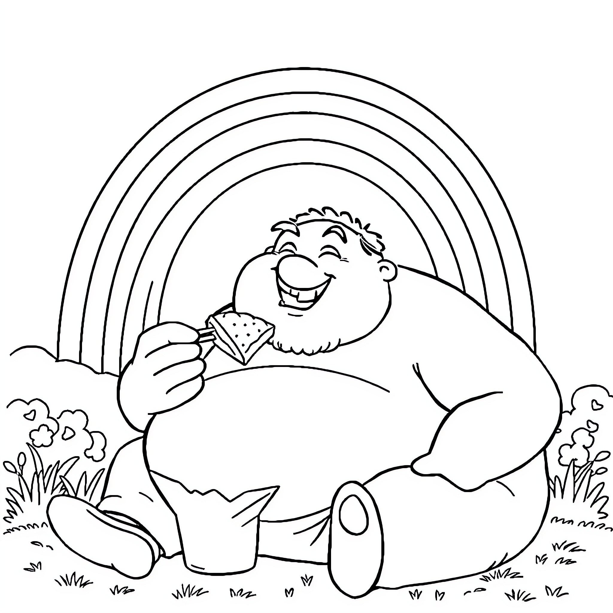 Man eating a sandwich in a grassy field Coloring Page (free black-and-white line drawing printable PDF for all, from beginners to advanced learners, including children, teens, adults, and seniors)