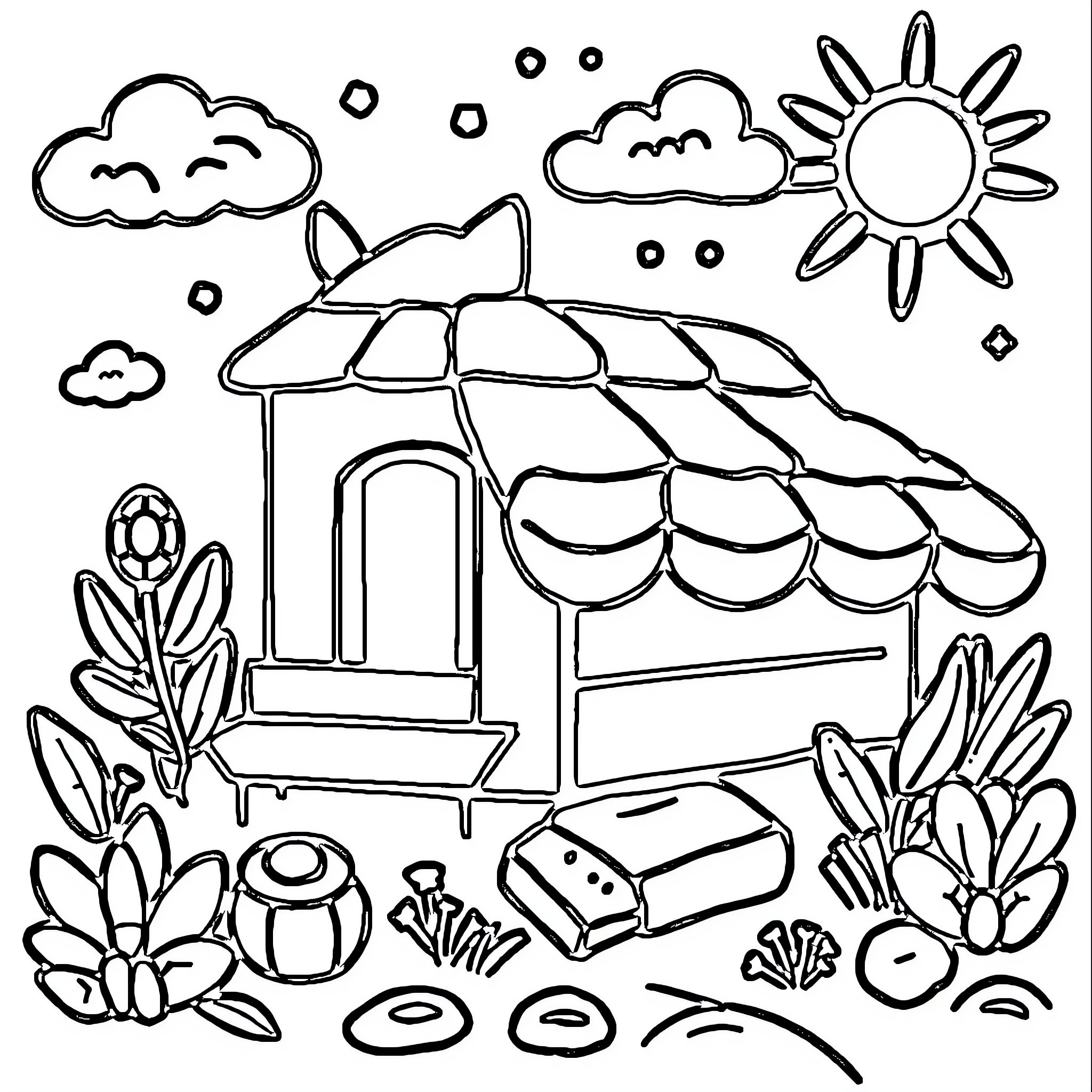 Whimsical Cabin in the Countryside Coloring Page (free black-and-white line drawing printable PDF for all, from beginners to advanced learners, including children, teens, adults, and seniors)