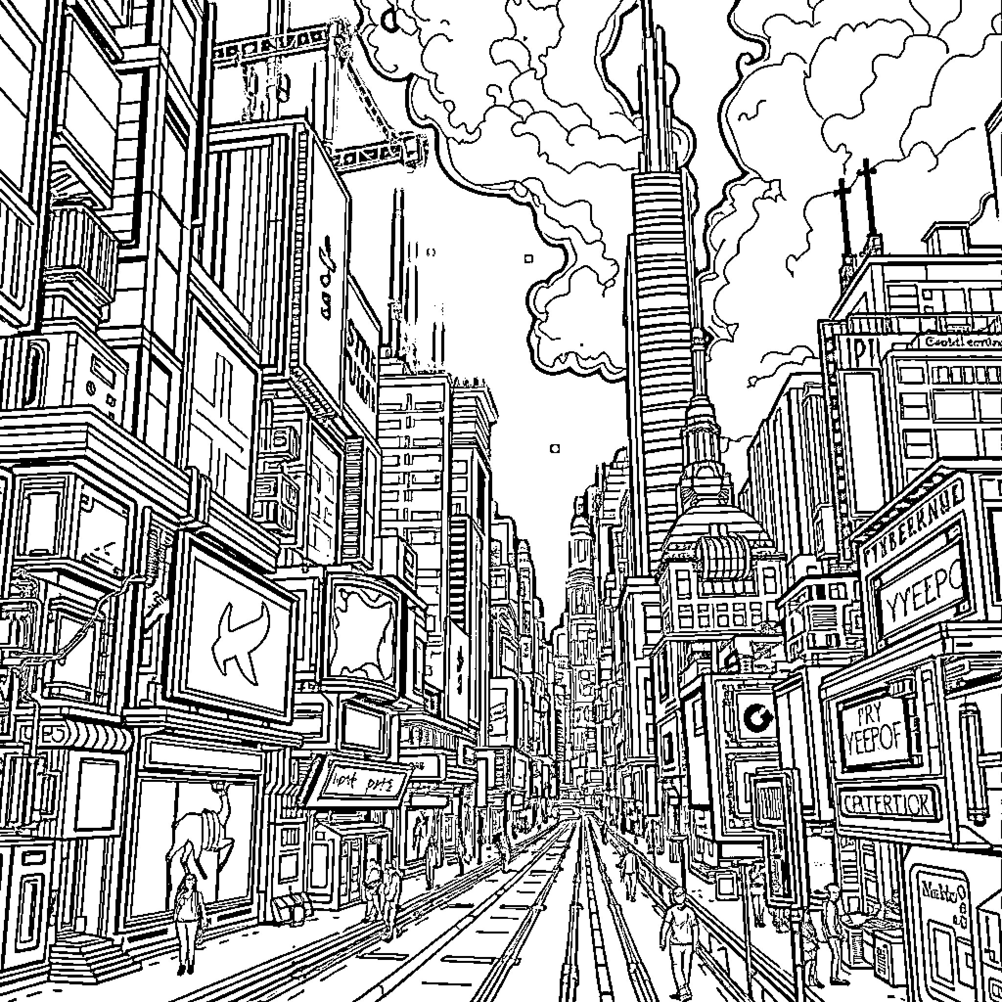 Cyberpunk Urban Cityscape with Towering Skyscrapers Coloring Page (free black-and-white line drawing printable PDF for all, from beginners to advanced learners, including children, teens, adults, and seniors)