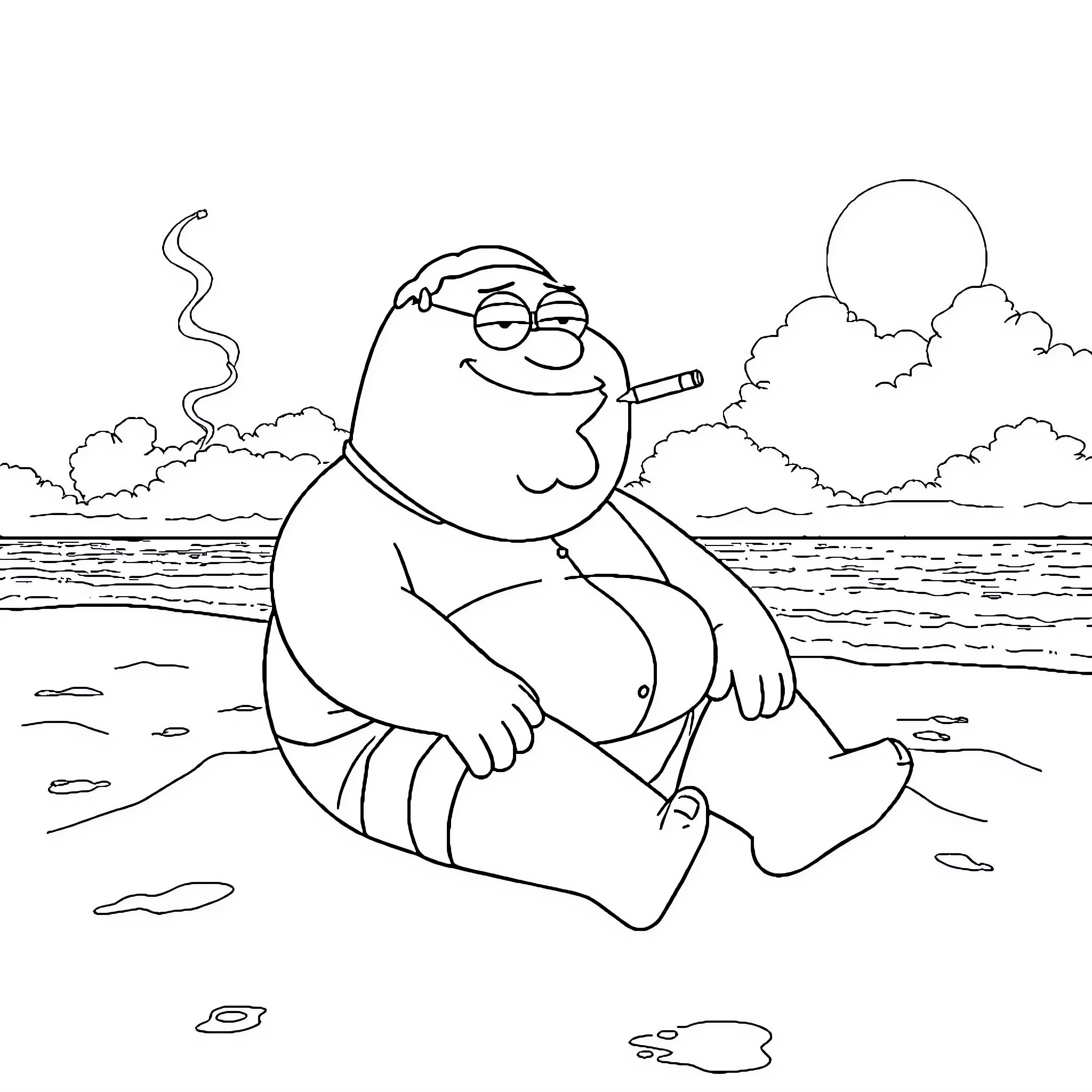 Peter Griffin relaxing by the beach Coloring Page (free black-and-white line drawing printable PDF for all, from beginners to advanced learners, including children, teens, adults, and seniors)