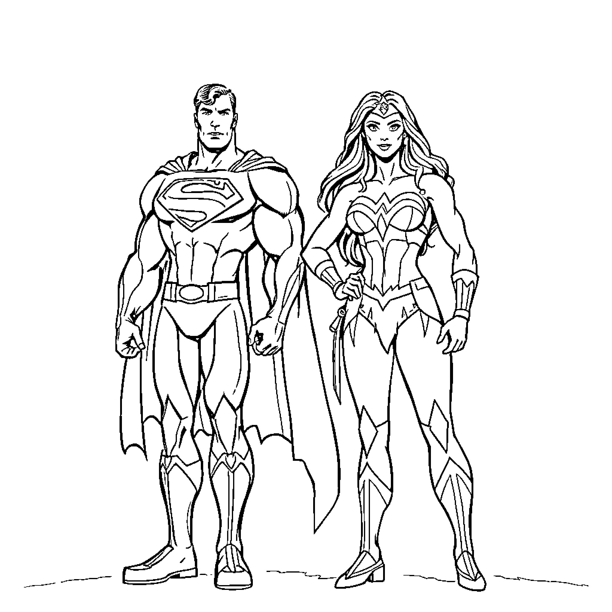Superman and Wonder Woman in heroic poses Coloring Page (free black-and-white line drawing printable PDF for all, from beginners to advanced learners, including children, teens, adults, and seniors)