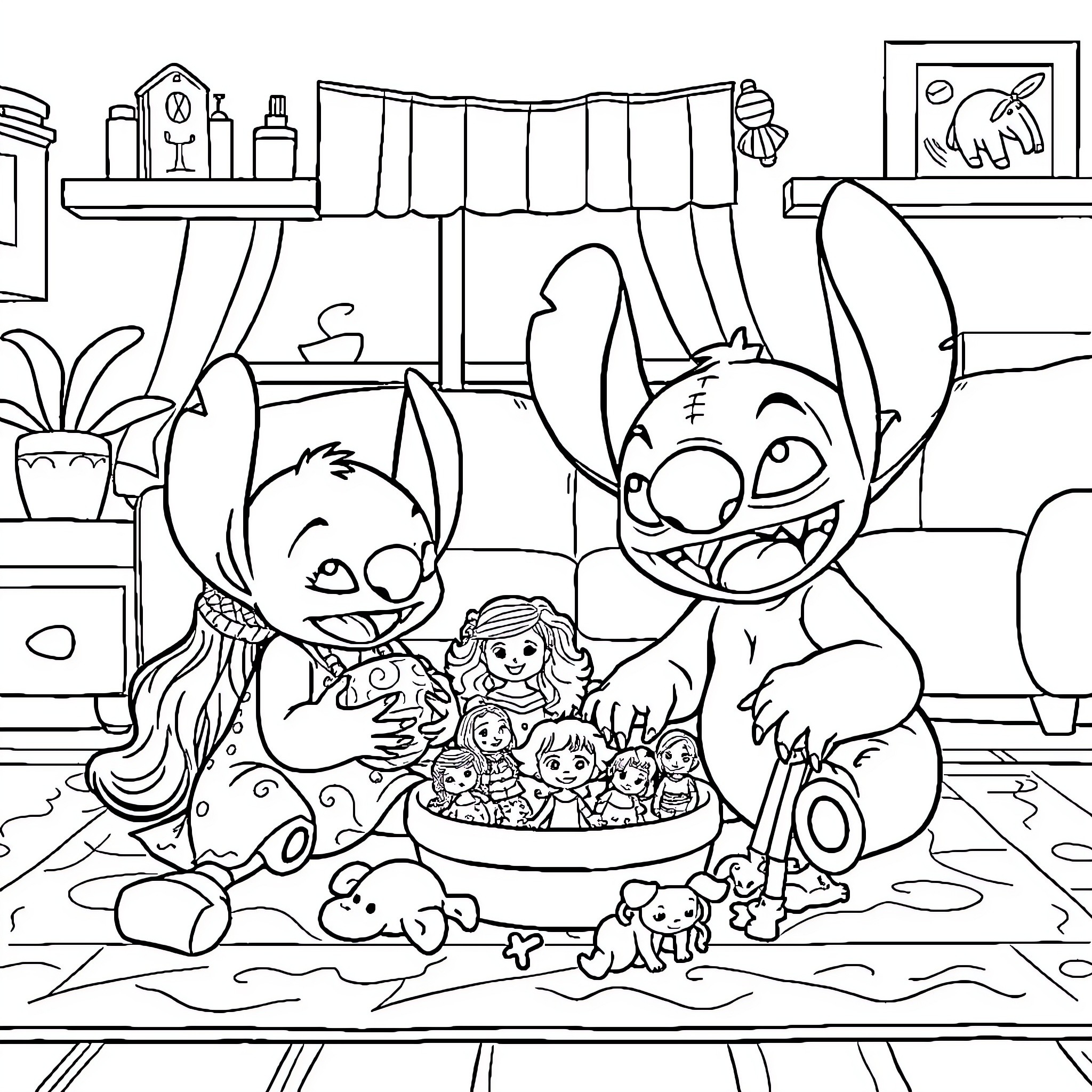 Lilo's Playful Adventure with Stitch Coloring Page (free black-and-white line drawing printable PDF for all, from beginners to advanced learners, including children, teens, adults, and seniors)