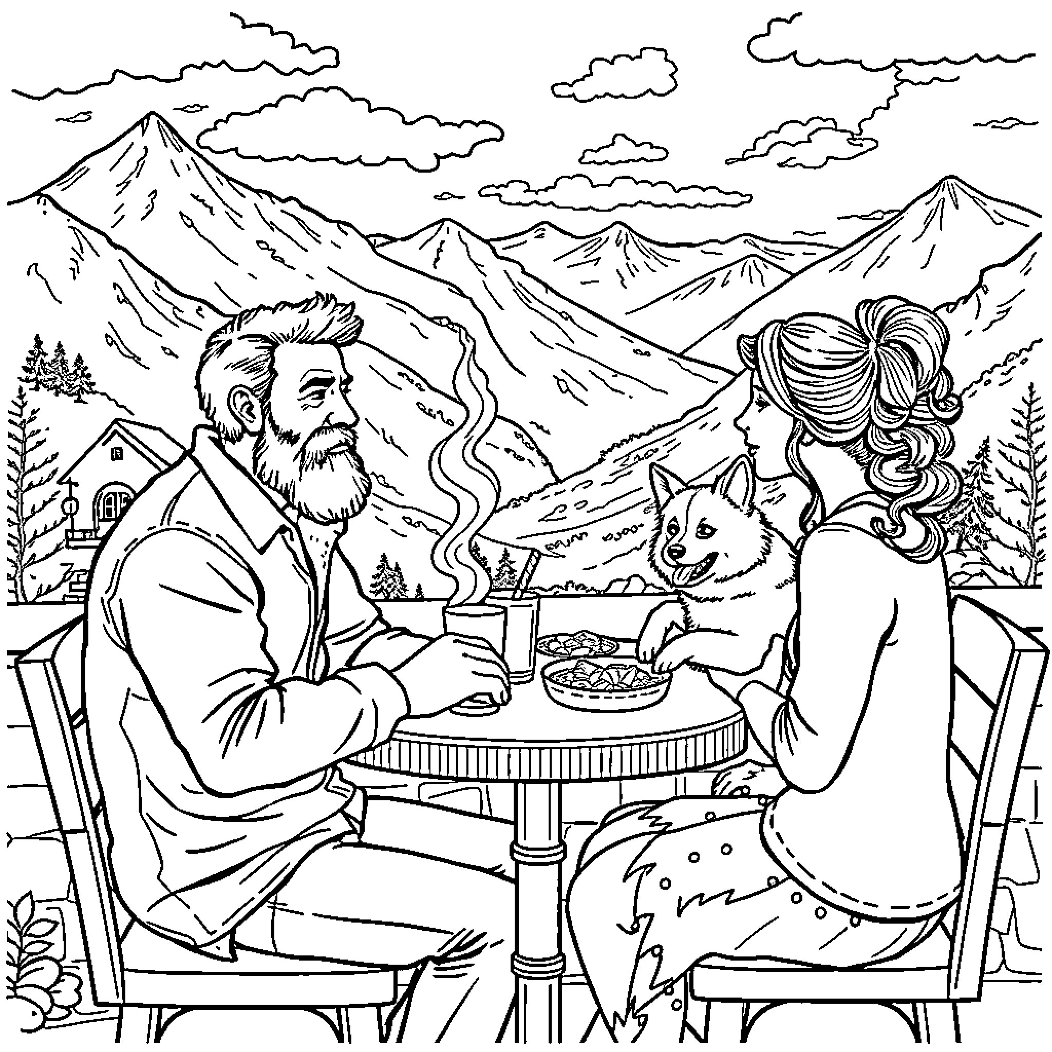 Man and woman enjoying a meal outdoors with their pet Coloring Page (free black-and-white line drawing printable PDF for all, from beginners to advanced learners, including children, teens, adults, and seniors)
