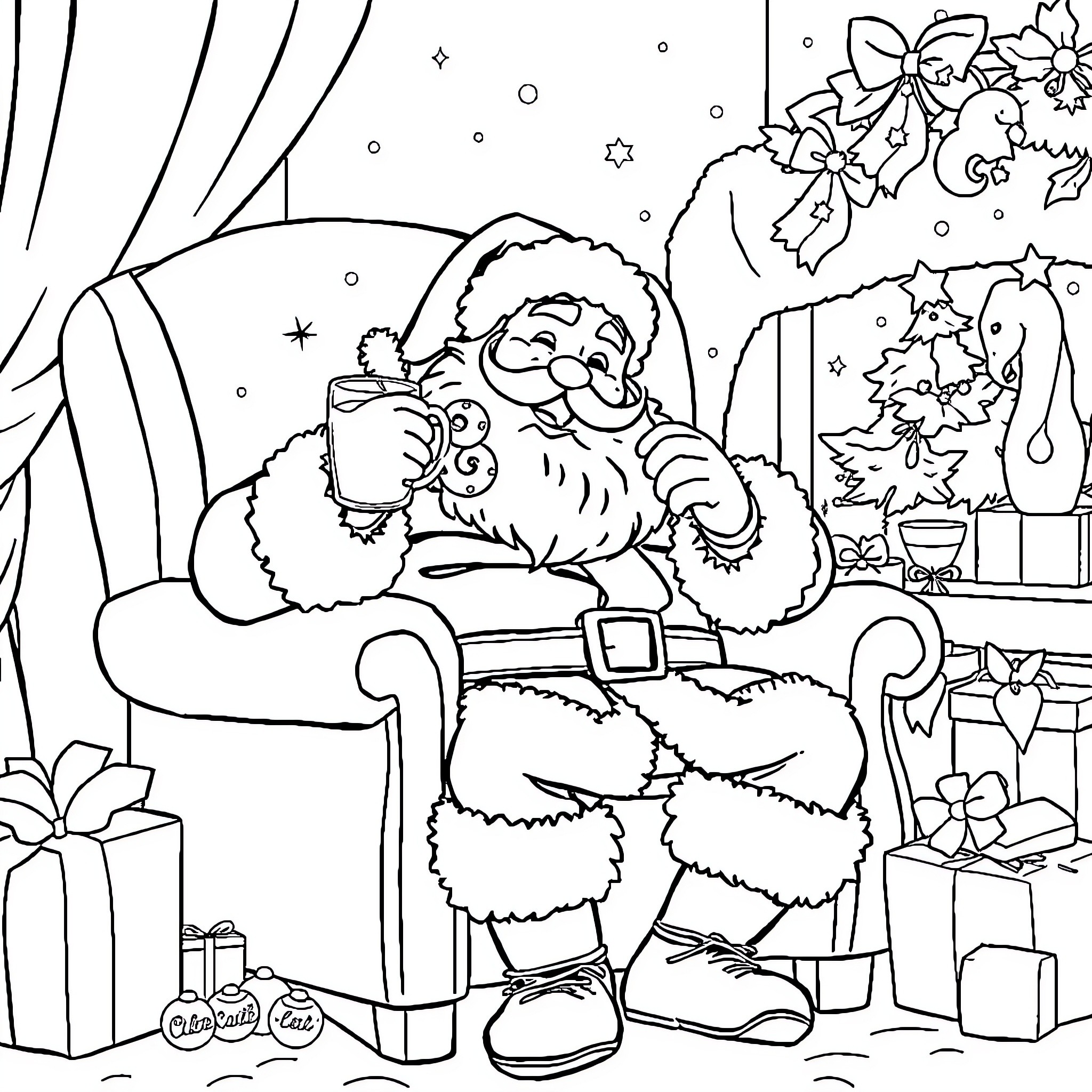 Père Noël enjoying a cup of hot cocoa by the Christmas tree Coloring Page (free black-and-white line drawing printable PDF for all, from beginners to advanced learners, including children, teens, adults, and seniors)