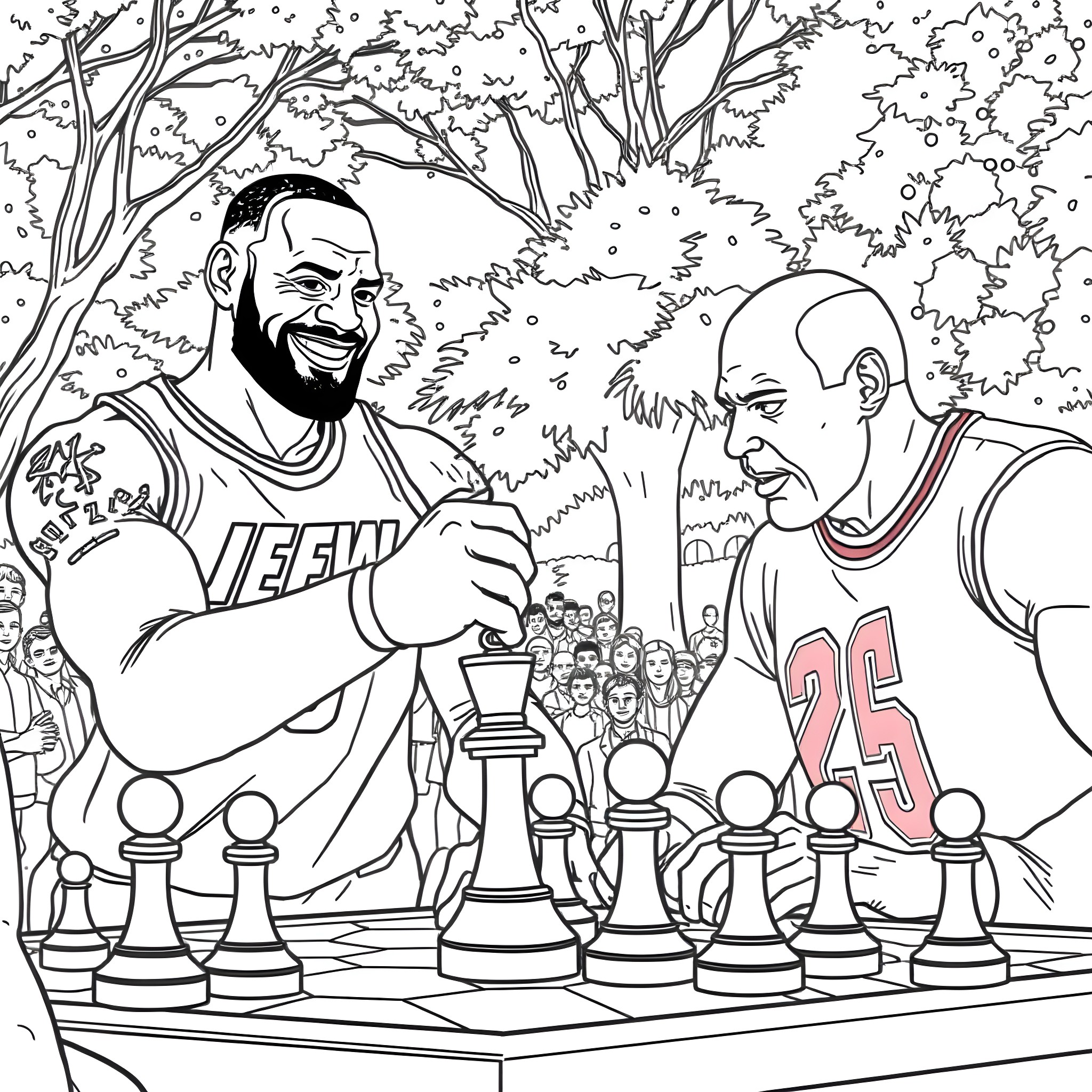 LeBron James and Michael Jordan playing chess in the park Coloring Page (free black-and-white line drawing printable PDF for all, from beginners to advanced learners, including children, teens, adults, and seniors)