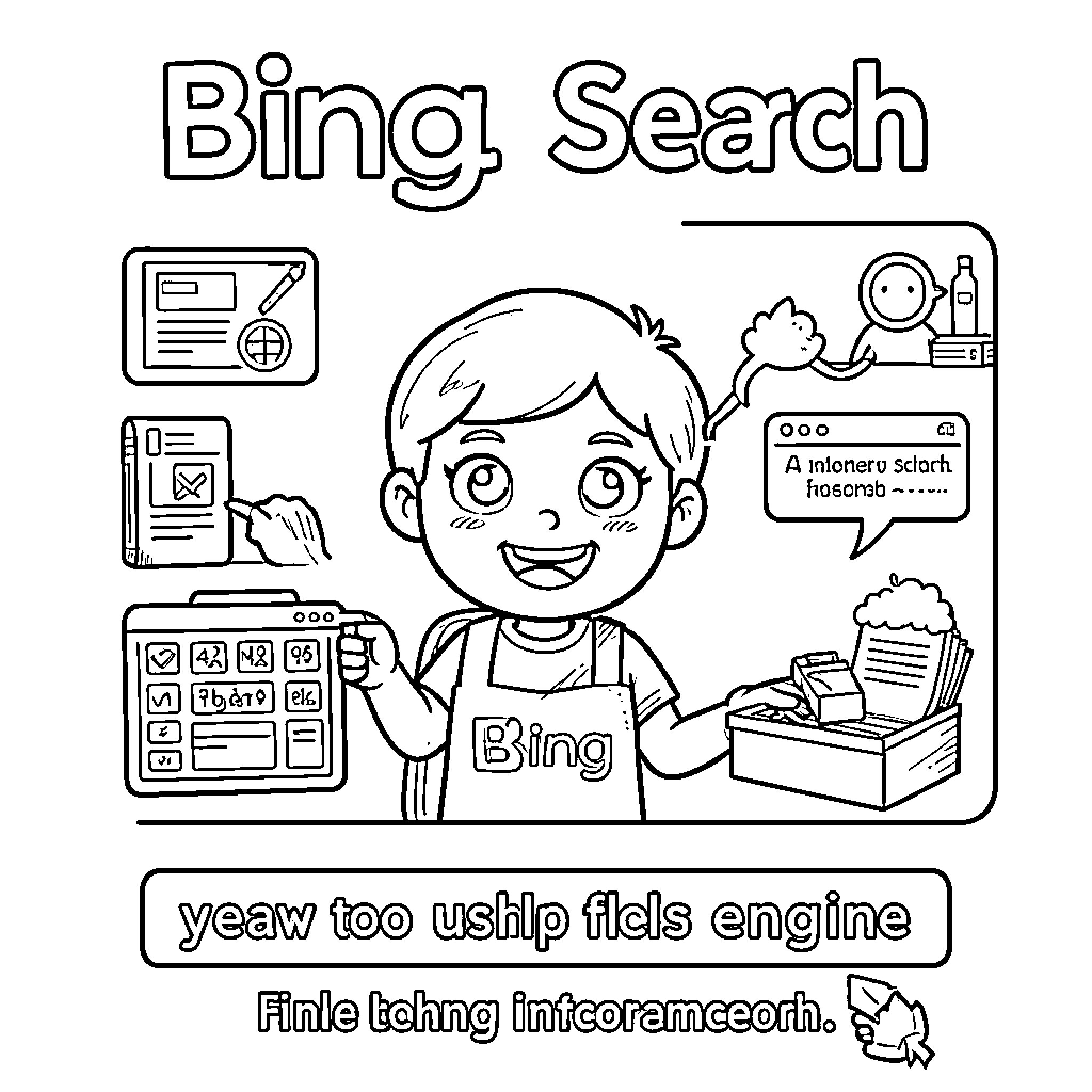 Bing character smiling while using technology and tools Coloring Page (free black-and-white line drawing printable PDF for all, from beginners to advanced learners, including children, teens, adults, and seniors)