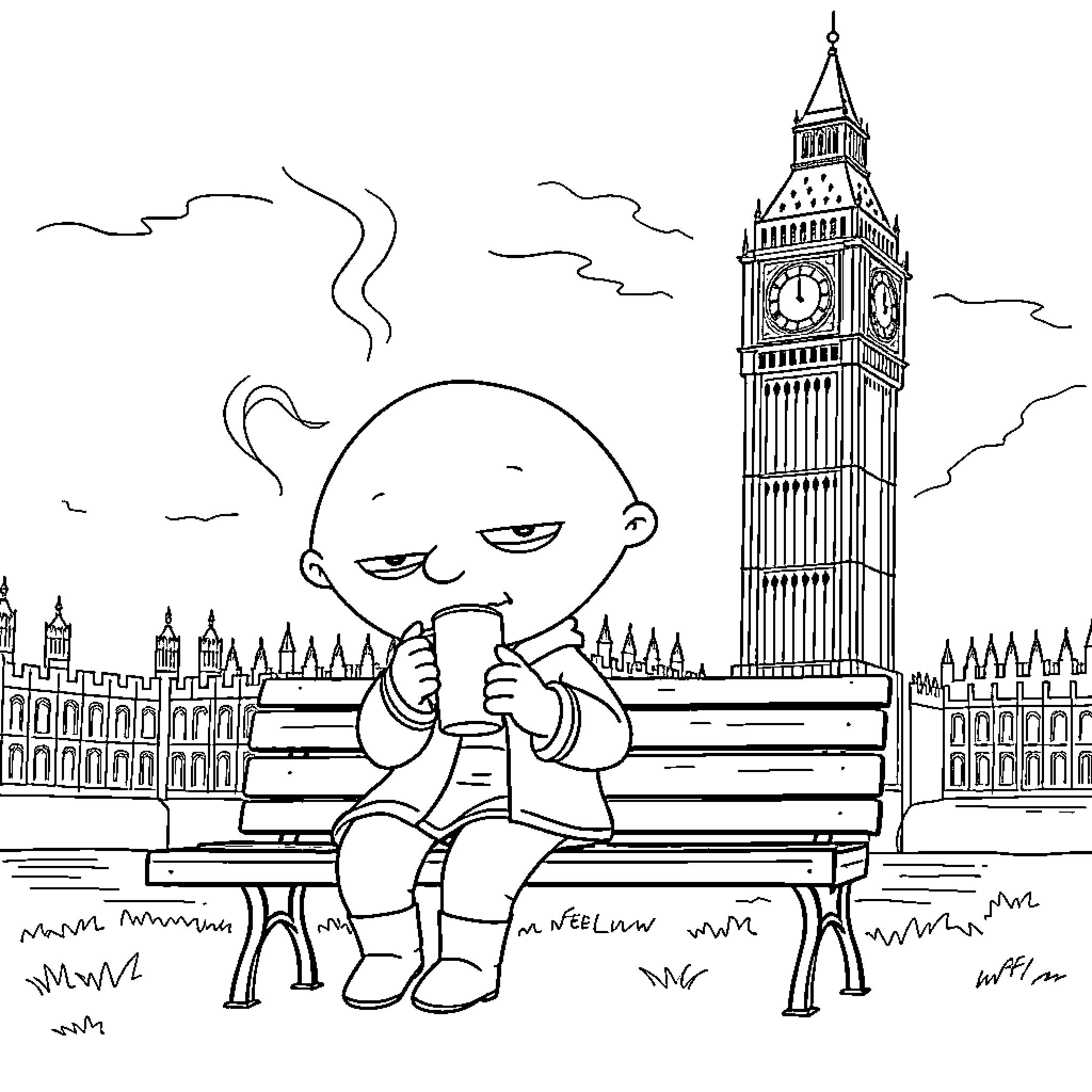 Stewie Griffin contemplating mischief in London Coloring Page (free black-and-white line drawing printable PDF for all, from beginners to advanced learners, including children, teens, adults, and seniors)