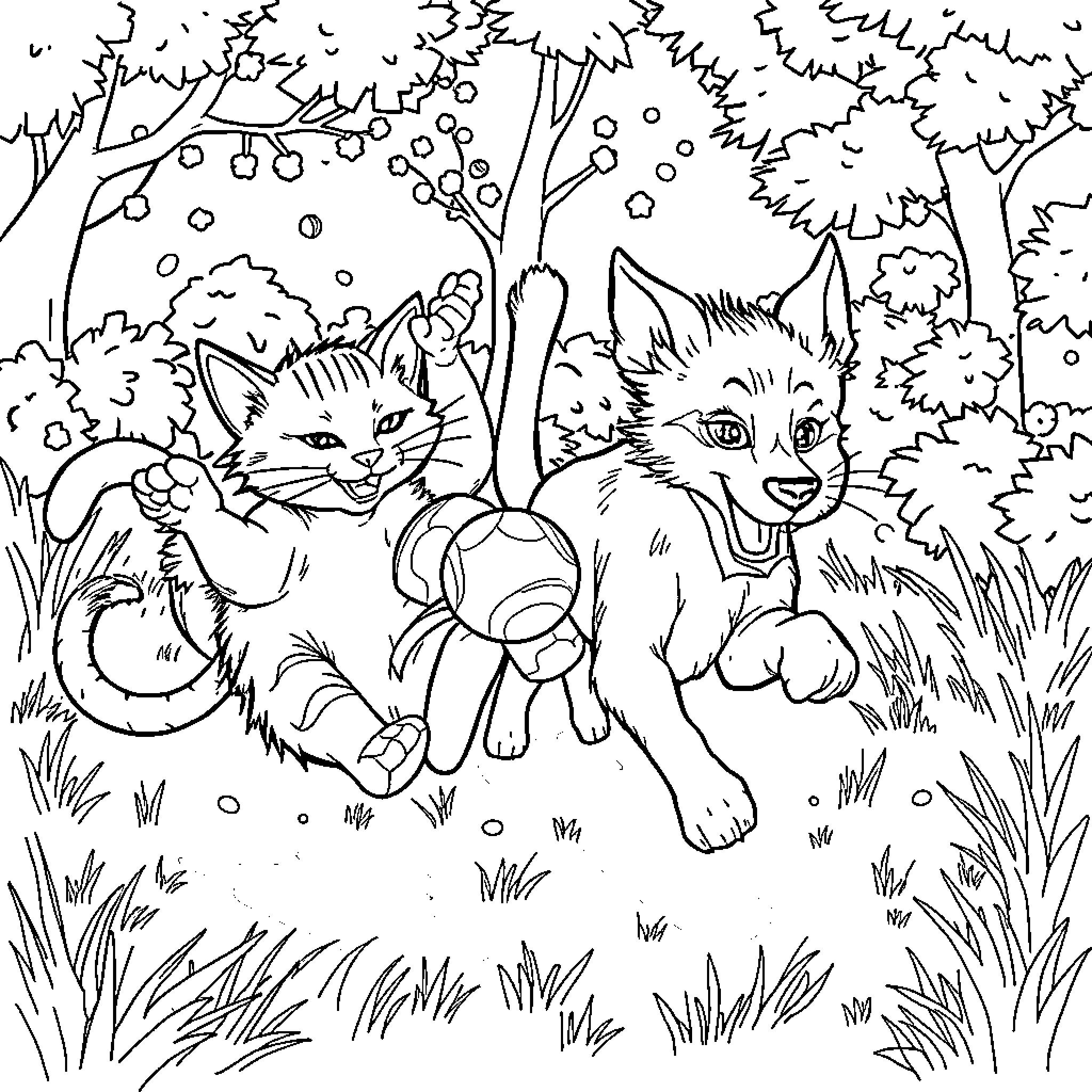 Gato kittens playing joyfully in the forest Coloring Page (free black-and-white line drawing printable PDF for all, from beginners to advanced learners, including children, teens, adults, and seniors)