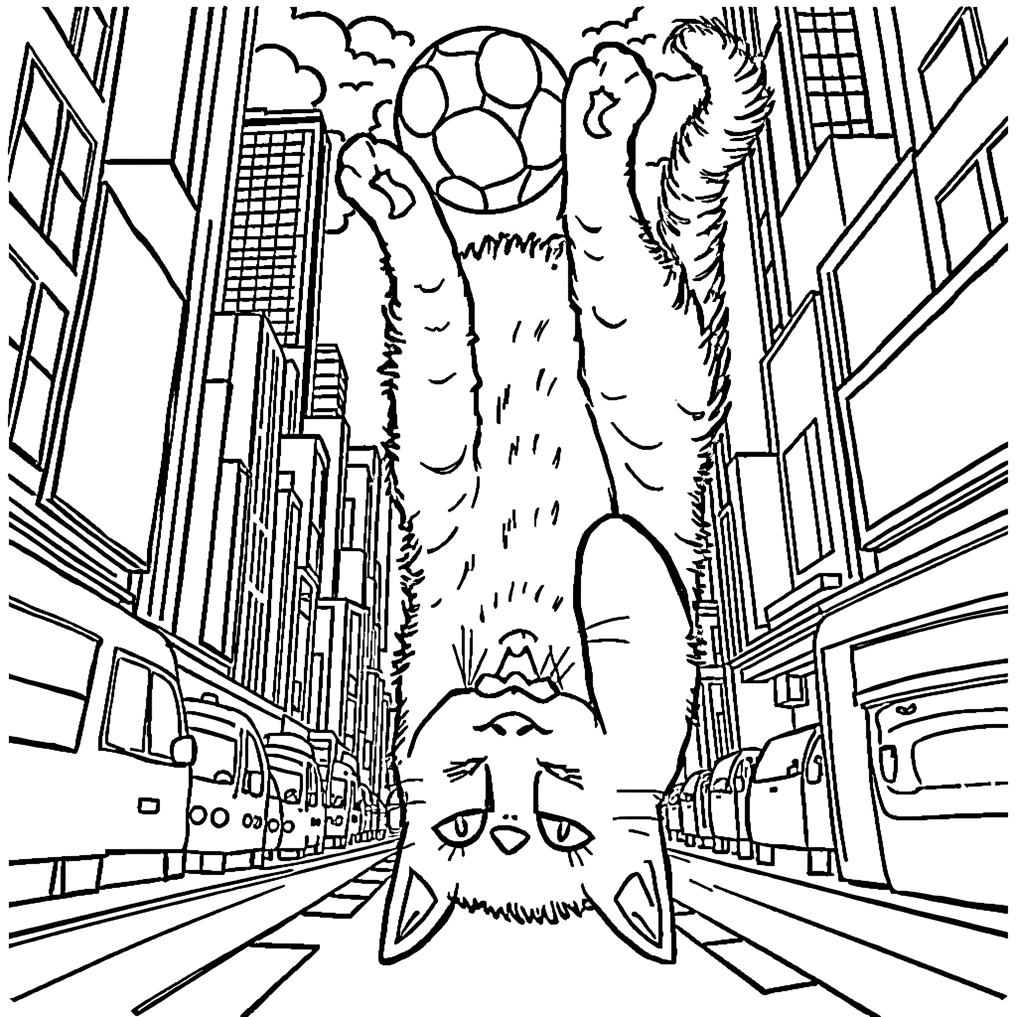 Cat in the City Skyline Coloring Page (free black-and-white line drawing printable PDF for all, from beginners to advanced learners, including children, teens, adults, and seniors)