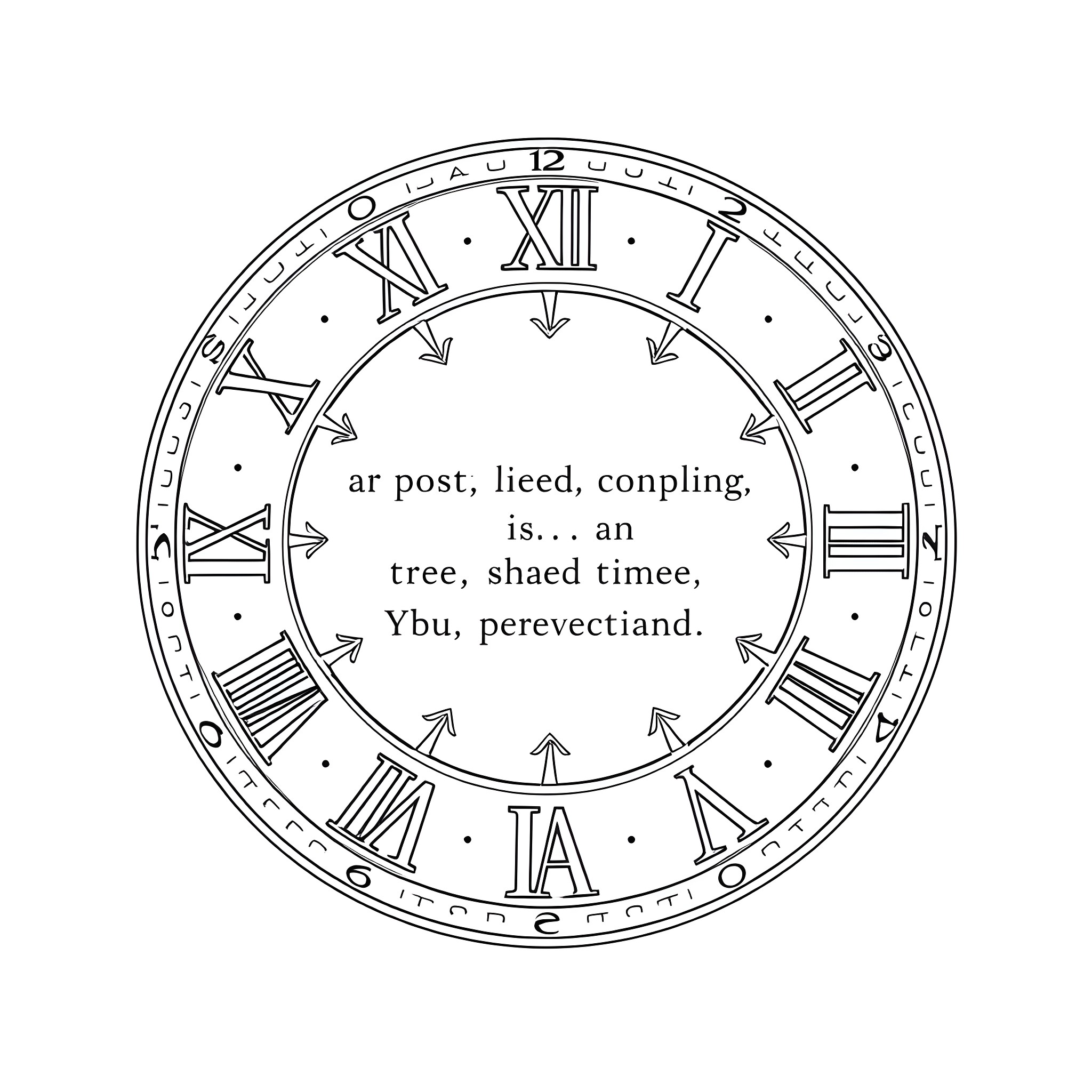 Roman Numerals Clock with Allegorical Text Coloring Page (free black-and-white line drawing printable PDF for all, from beginners to advanced learners, including children, teens, adults, and seniors)