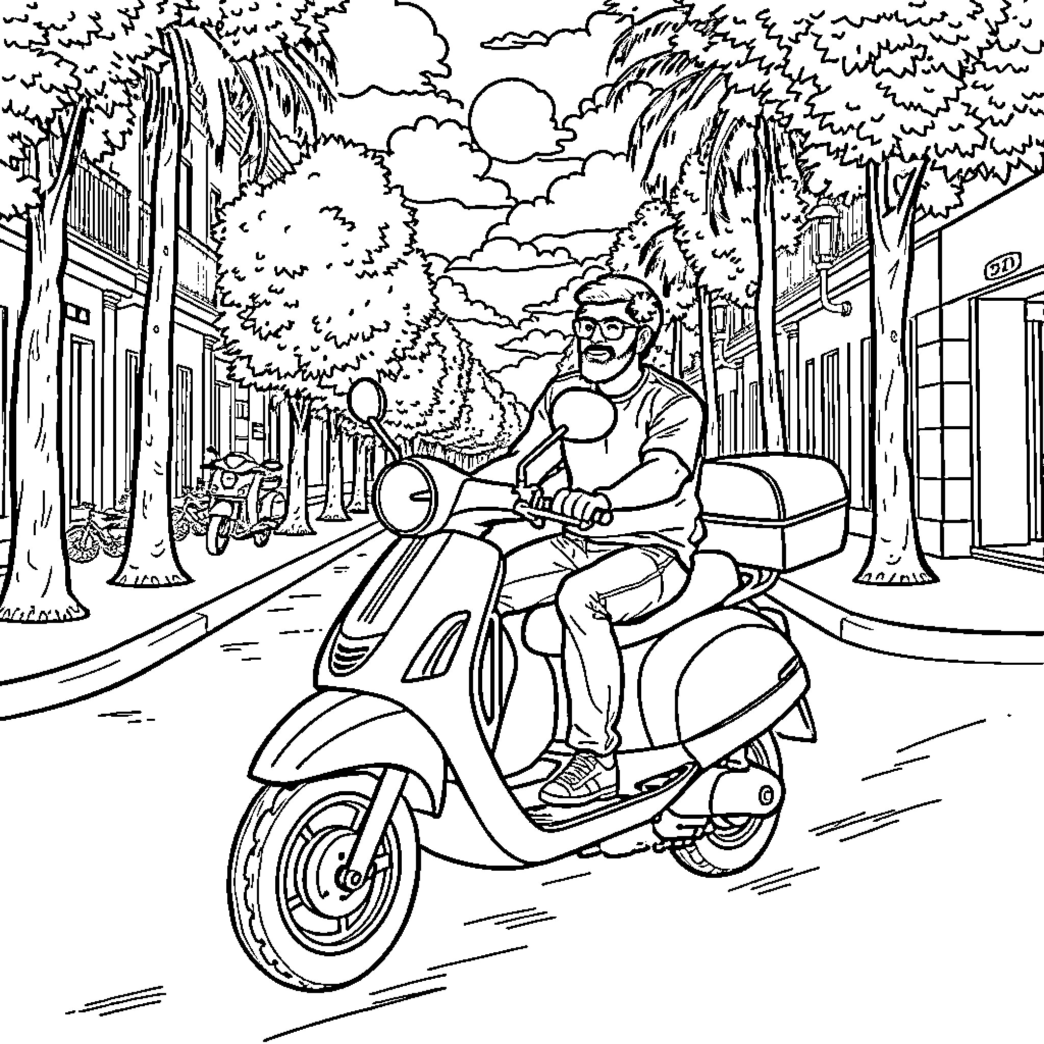 Moped rider navigating through city street Coloring Page (free black-and-white line drawing printable PDF for all, from beginners to advanced learners, including children, teens, adults, and seniors)