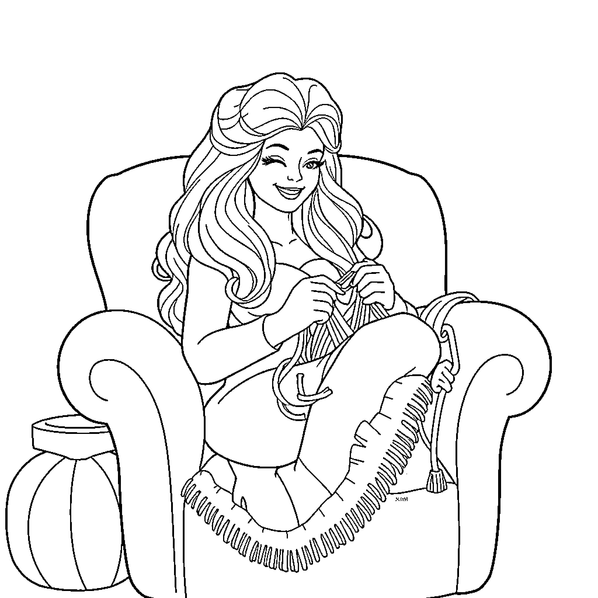 She-Ra knitting peacefully in a cozy chair Coloring Page (free black-and-white line drawing printable PDF for all, from beginners to advanced learners, including children, teens, adults, and seniors)