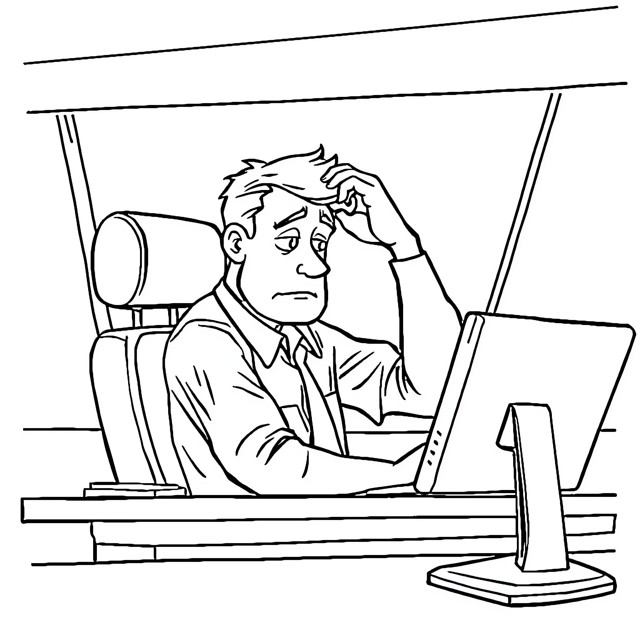 Air Traffic Controller Facing Challenges at Work Coloring Page (free black-and-white line drawing printable PDF for all, from beginners to advanced learners, including children, teens, adults, and seniors)