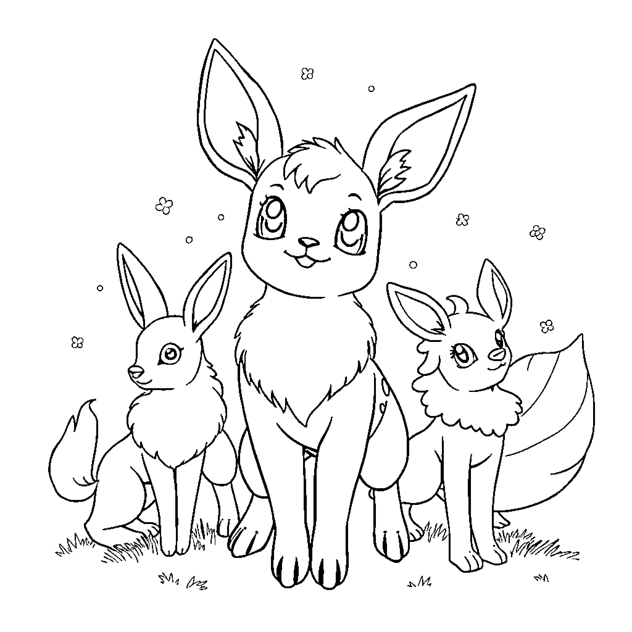 Eevee and Bunny Friends in a Whimsical Scene Coloring Page (free black-and-white line drawing printable PDF for all, from beginners to advanced learners, including children, teens, adults, and seniors)