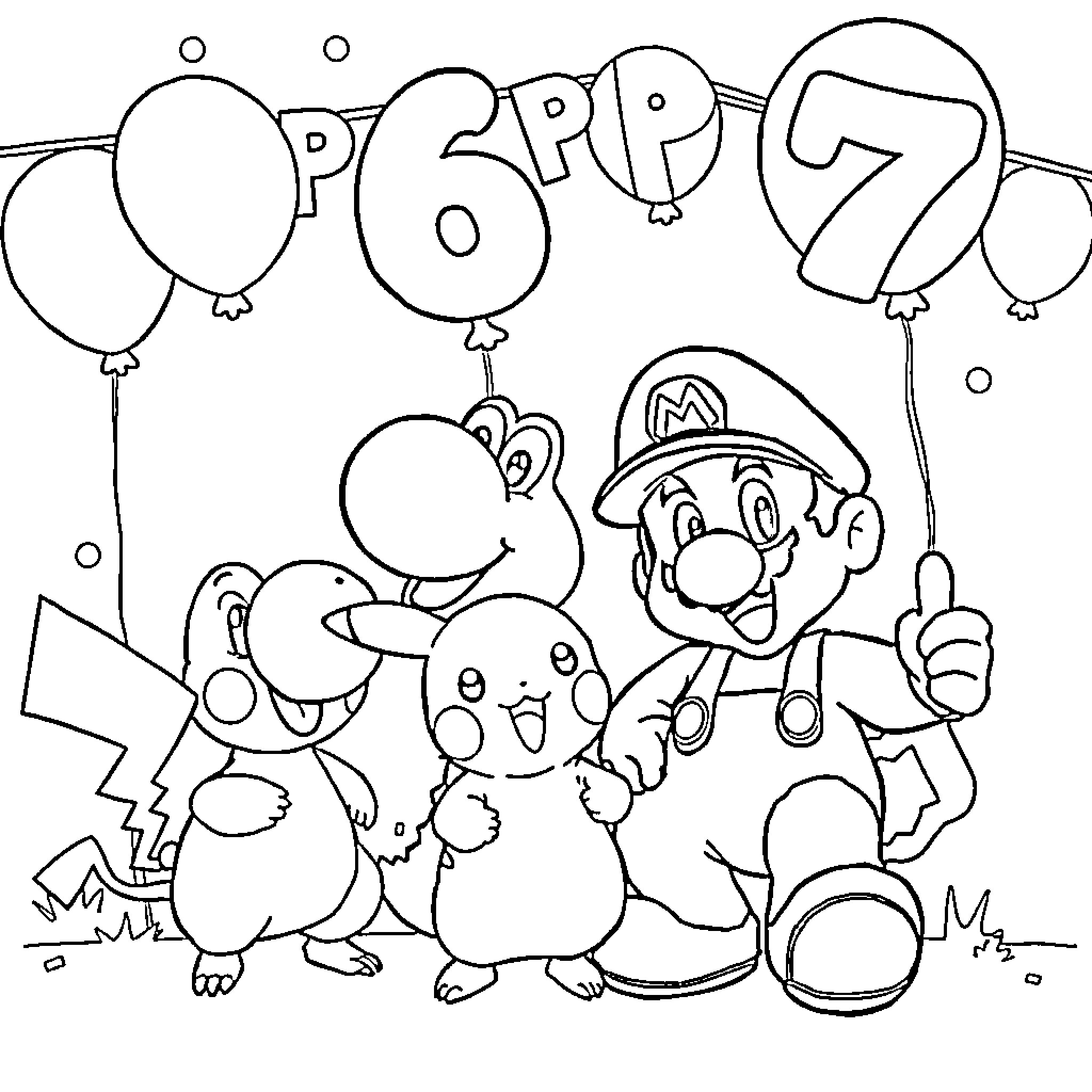 Super Mario celebrating with Pokemon characters Coloring Page (free black-and-white line drawing printable PDF for all, from beginners to advanced learners, including children, teens, adults, and seniors)