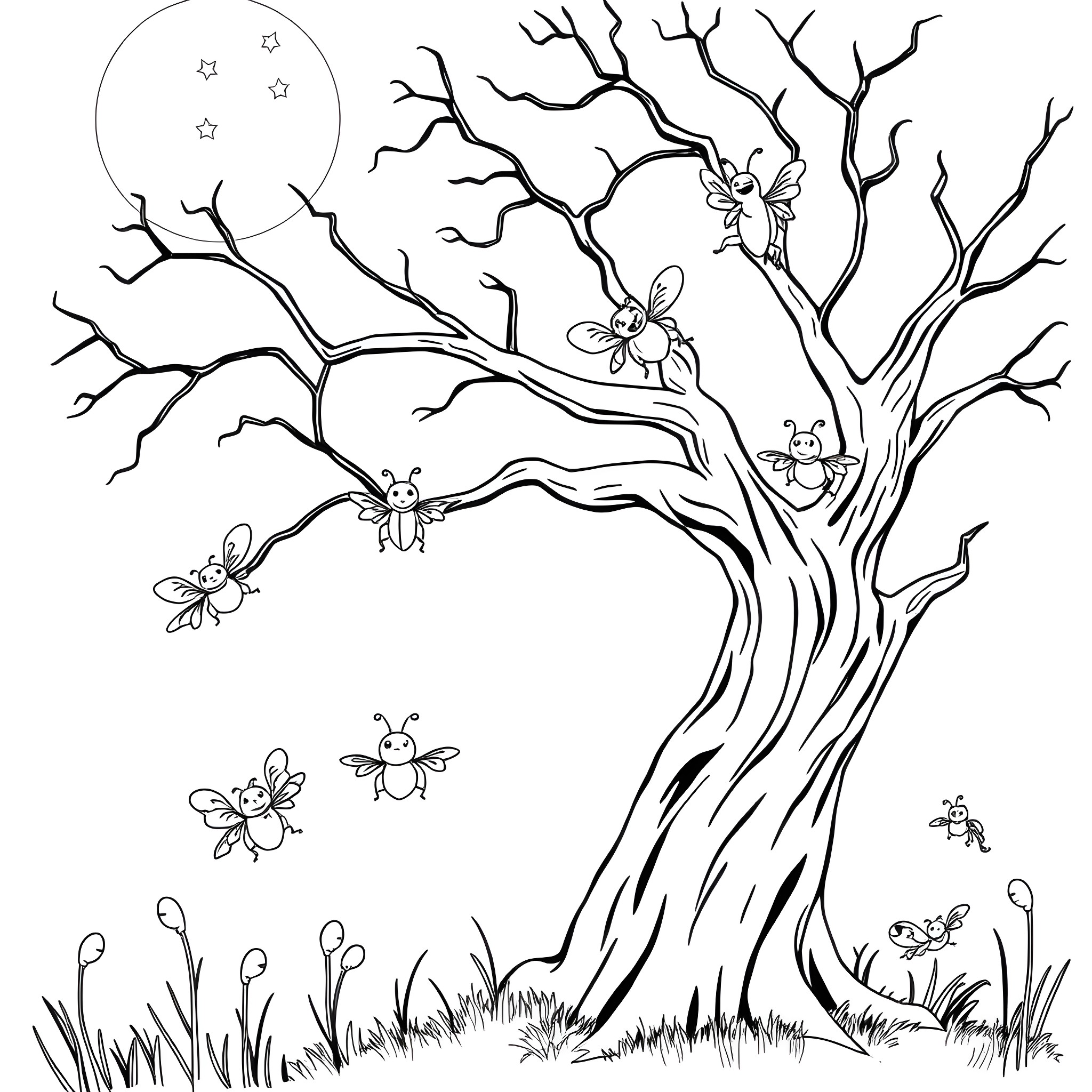 Bug Tree with Starry Night Sky Coloring Page (free black-and-white line drawing printable PDF for all, from beginners to advanced learners, including children, teens, adults, and seniors)