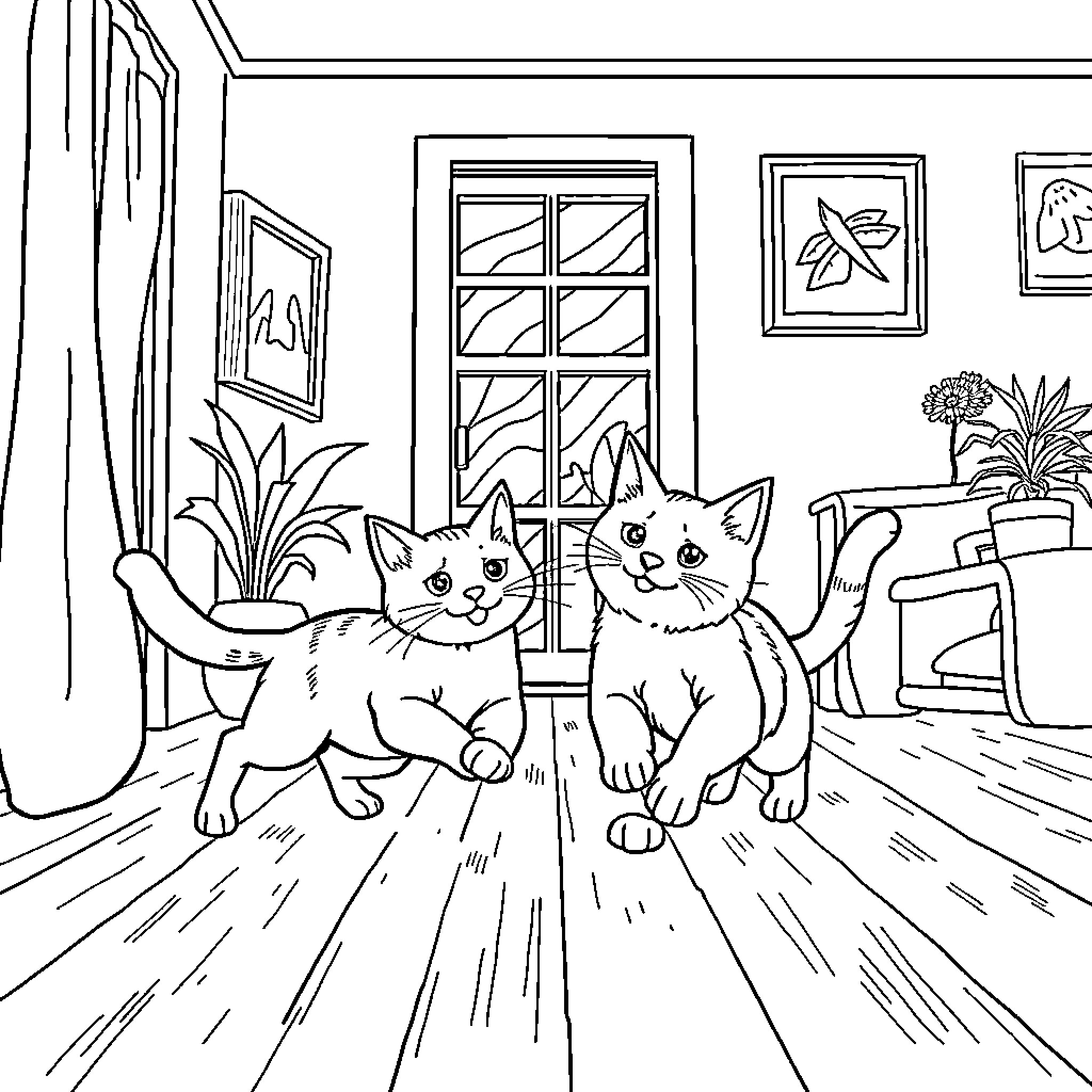 Cats playing together in room Coloring Page (free black-and-white line drawing printable PDF for all, from beginners to advanced learners, including children, teens, adults, and seniors)