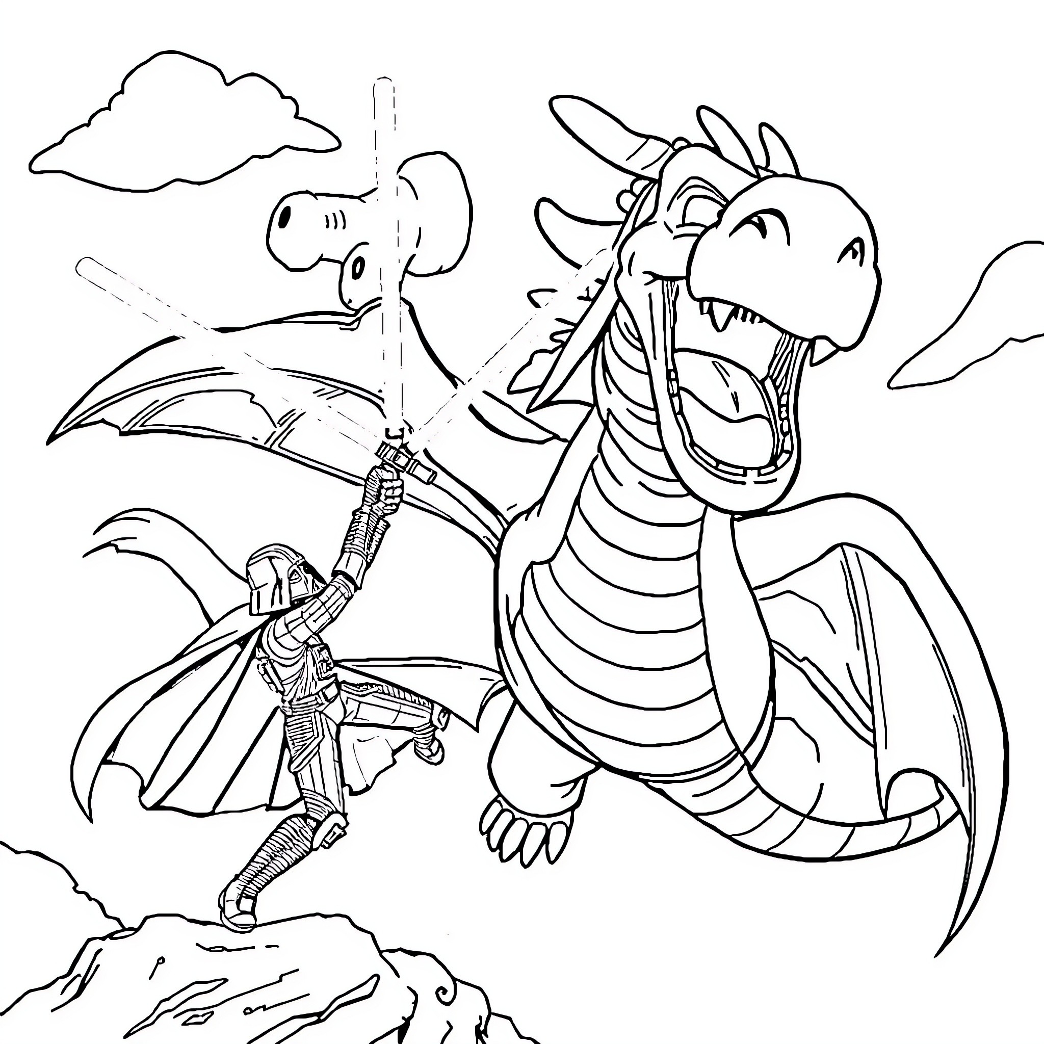 Darth Vader confronting a fierce dragon Coloring Page (free black-and-white line drawing printable PDF for all, from beginners to advanced learners, including children, teens, adults, and seniors)
