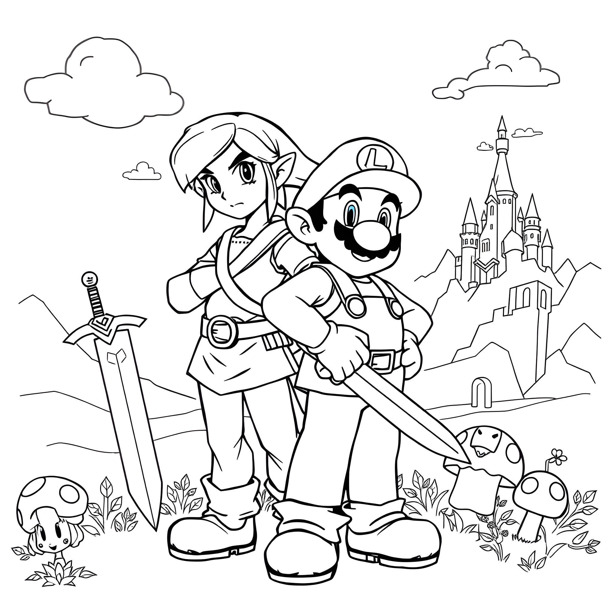 Link and Mario exploring a fantasy landscape Coloring Page (free black-and-white line drawing printable PDF for all, from beginners to advanced learners, including children, teens, adults, and seniors)