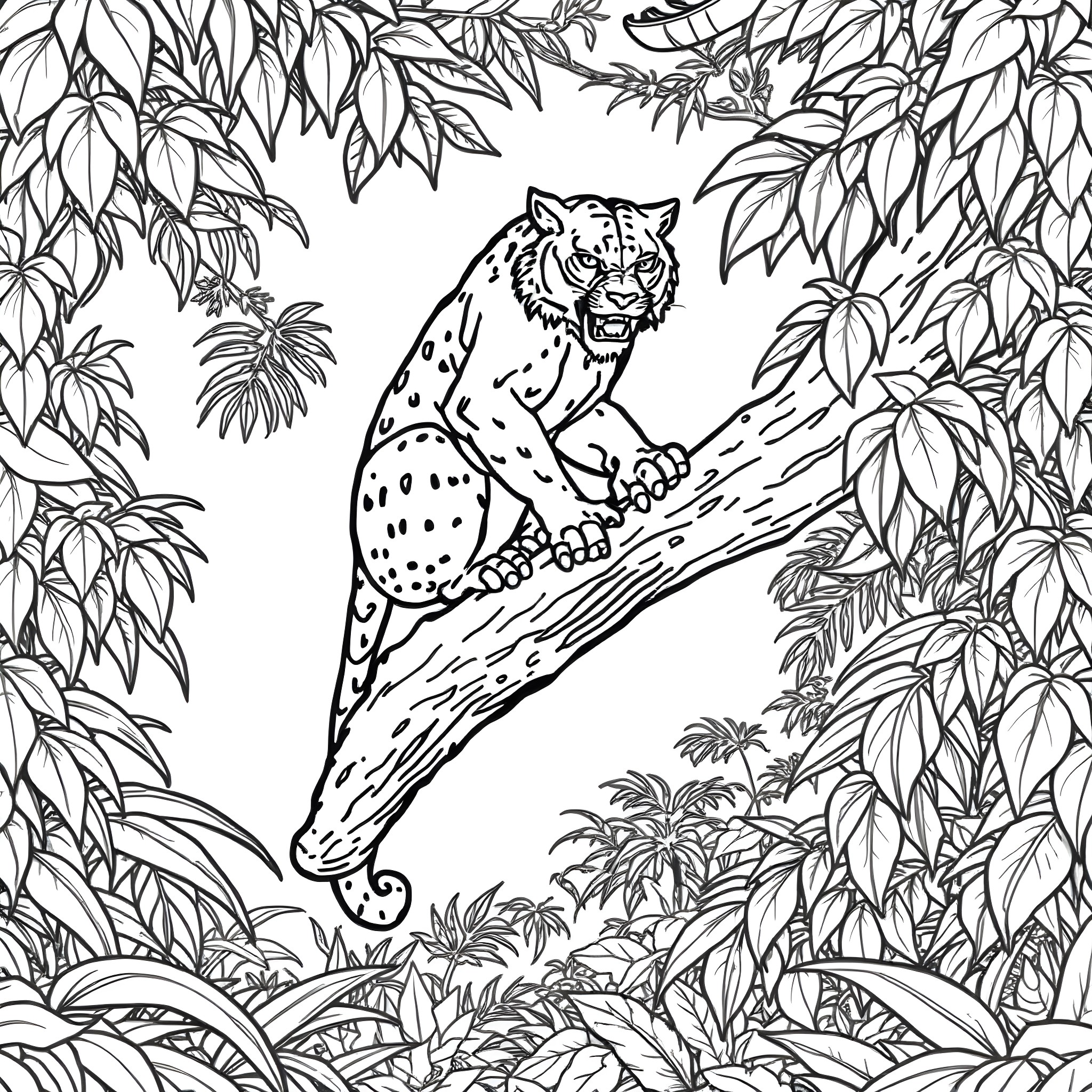 Predator - Jaguar Roaring Amidst Lush Foliage Coloring Page (free black-and-white line drawing printable PDF for all, from beginners to advanced learners, including children, teens, adults, and seniors)