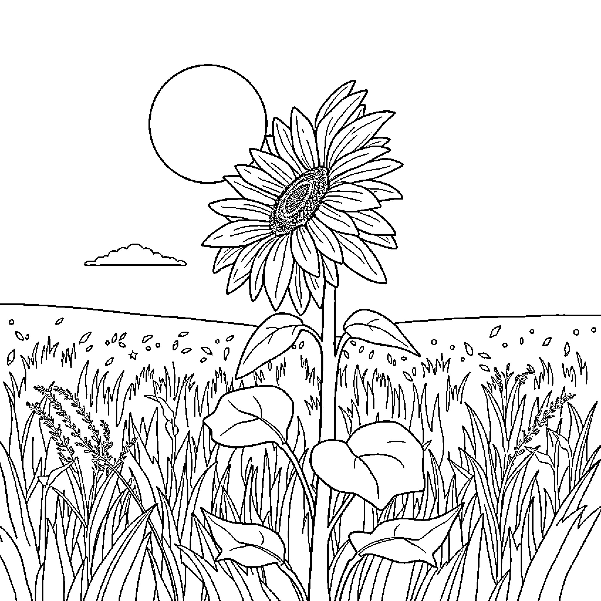 Sunflower in a field with moon Coloring Page (free black-and-white line drawing printable PDF for all, from beginners to advanced learners, including children, teens, adults, and seniors)