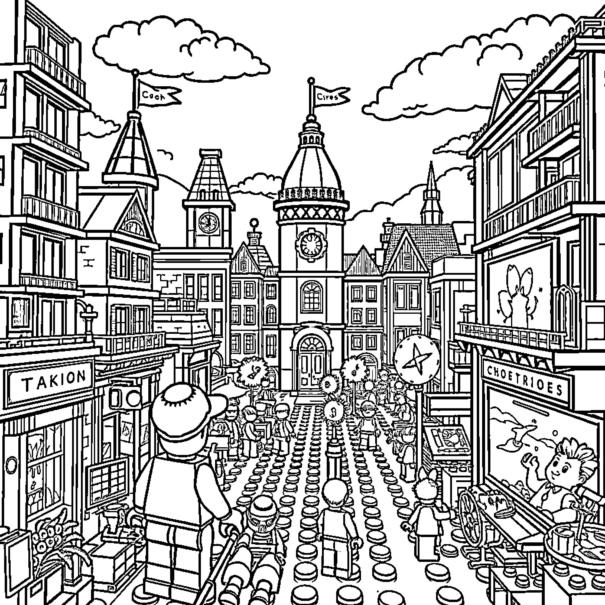 Lego Figures Explore a Bustling City Landscape Coloring Page (free black-and-white line drawing printable PDF for all, from beginners to advanced learners, including children, teens, adults, and seniors)