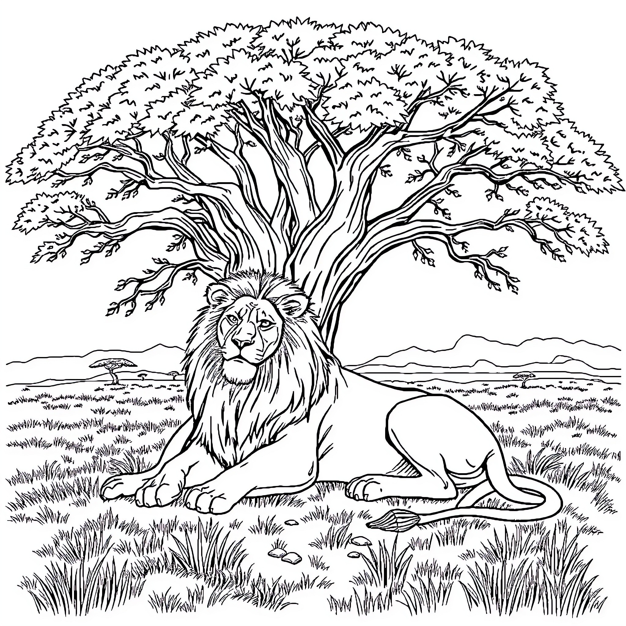 Lion resting under the large tree in the wild Coloring Page (free black-and-white line drawing printable PDF for all, from beginners to advanced learners, including children, teens, adults, and seniors)