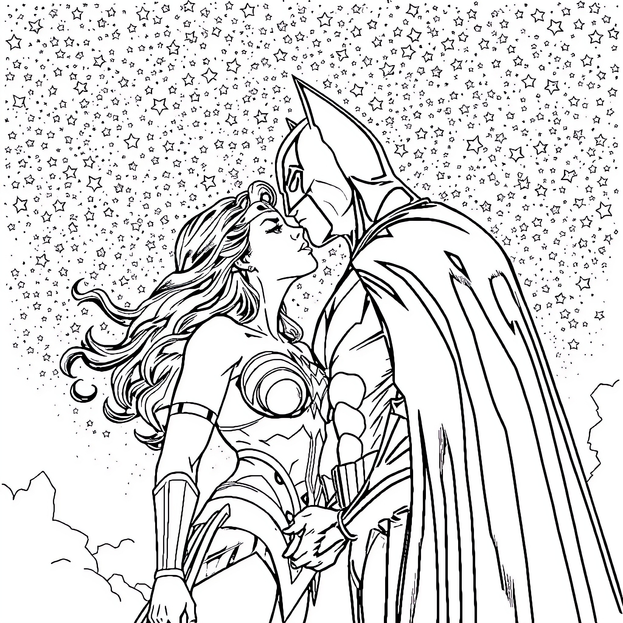 Badman and Warrior Woman in Starry Embrace Coloring Page (free black-and-white line drawing printable PDF for all, from beginners to advanced learners, including children, teens, adults, and seniors)