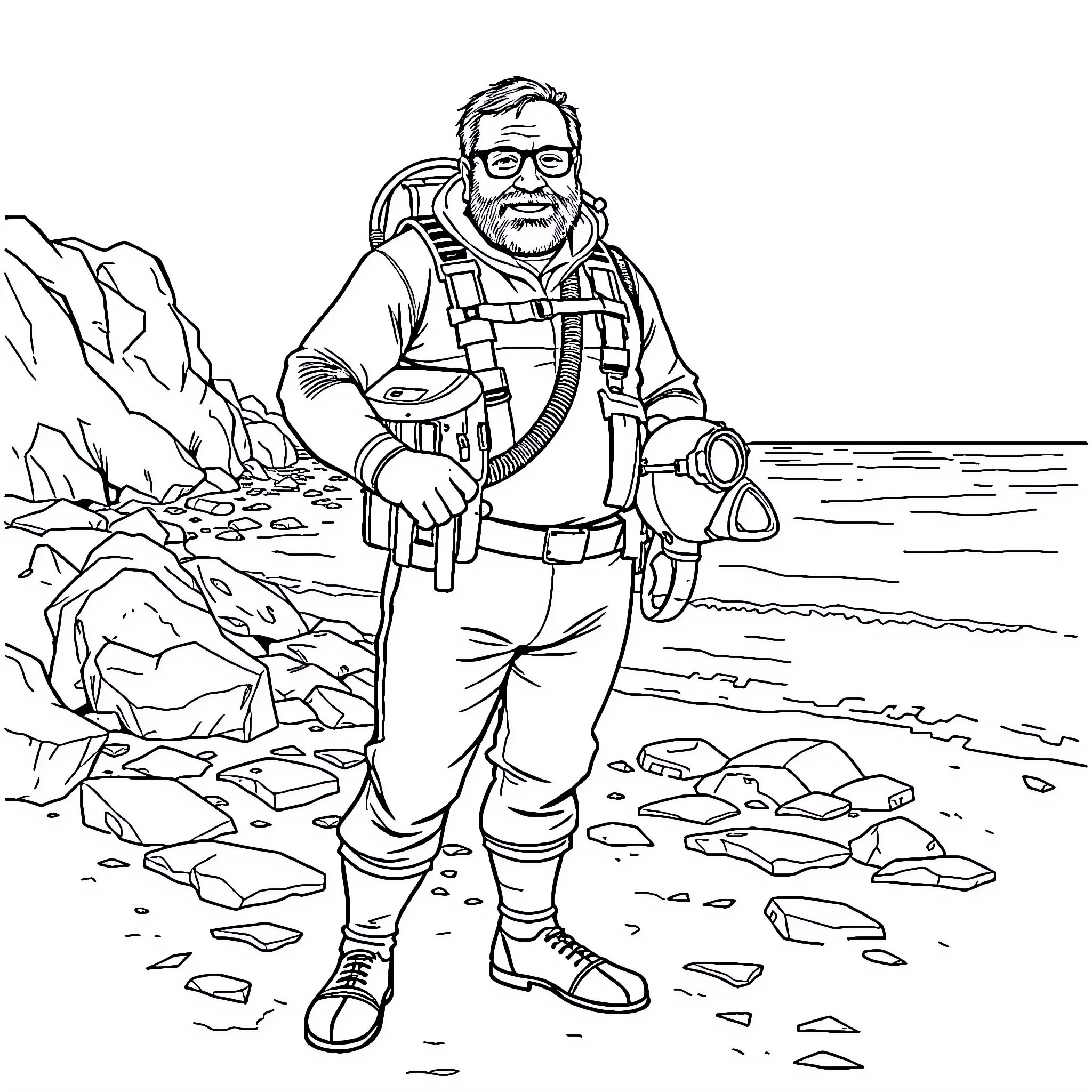 Danny DeVito as an adventurous explorer in the wilderness Coloring Page (free black-and-white line drawing printable PDF for all, from beginners to advanced learners, including children, teens, adults, and seniors)