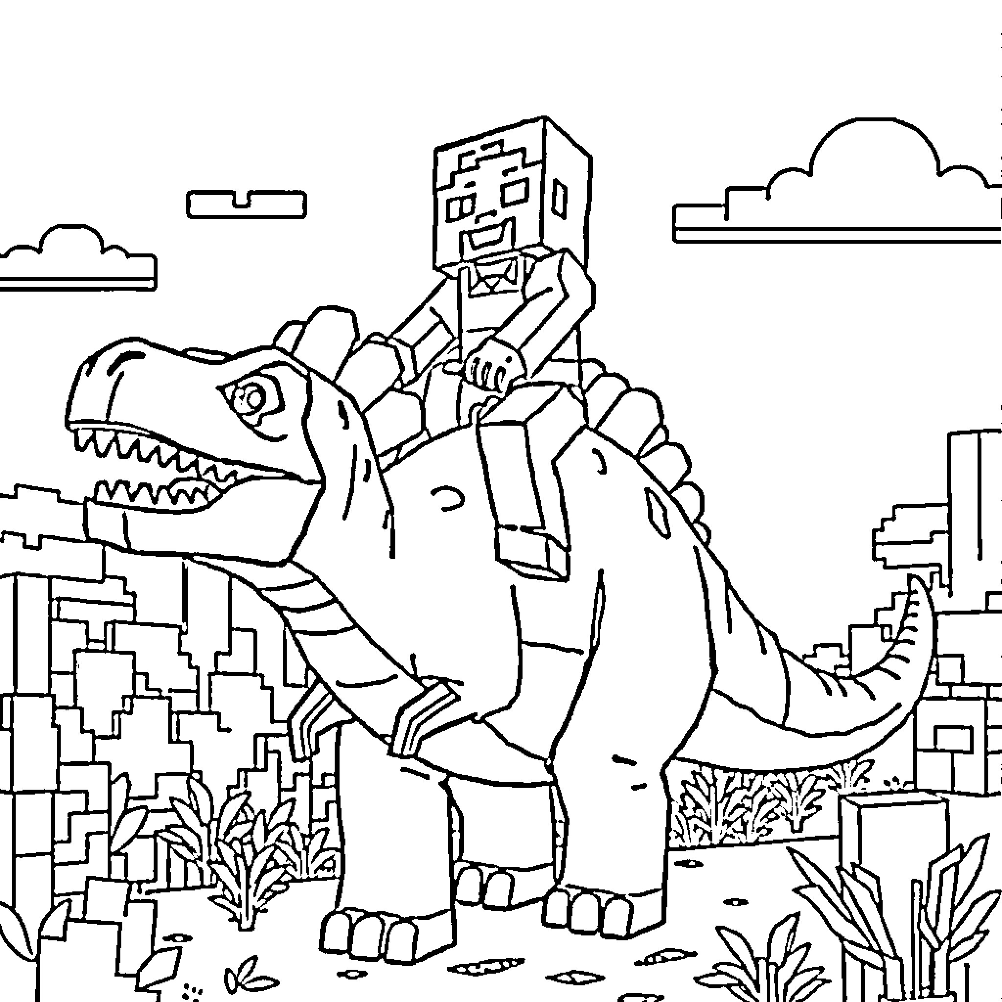 Steve rides a friendly dinosaur in a pixelated landscape Coloring Page (free black-and-white line drawing printable PDF for all, from beginners to advanced learners, including children, teens, adults, and seniors)