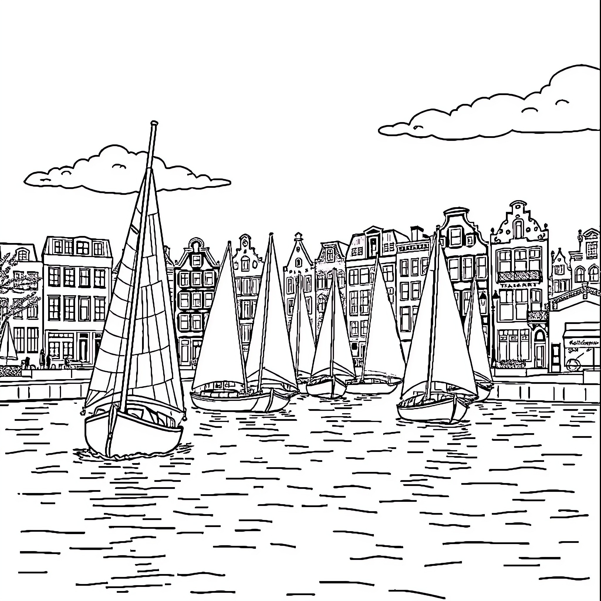 Ship Sailing in Scenic Waterfront Harbor Coloring Page (free black-and-white line drawing printable PDF for all, from beginners to advanced learners, including children, teens, adults, and seniors)