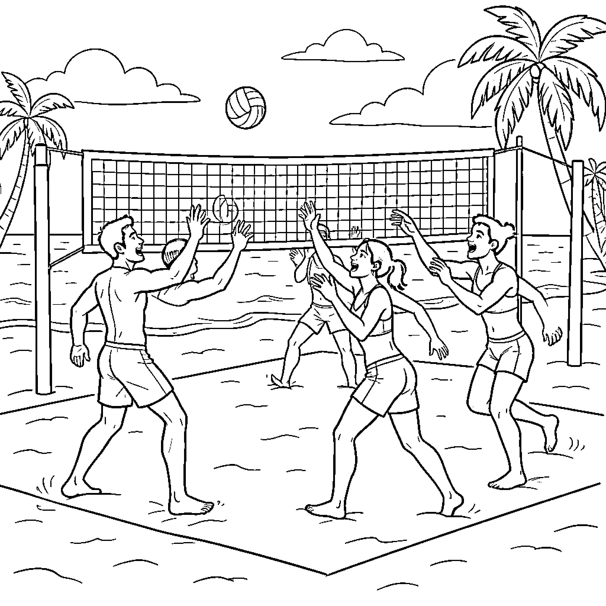 Volleyball players competing in a beach game Coloring Page (free black-and-white line drawing printable PDF for all, from beginners to advanced learners, including children, teens, adults, and seniors)