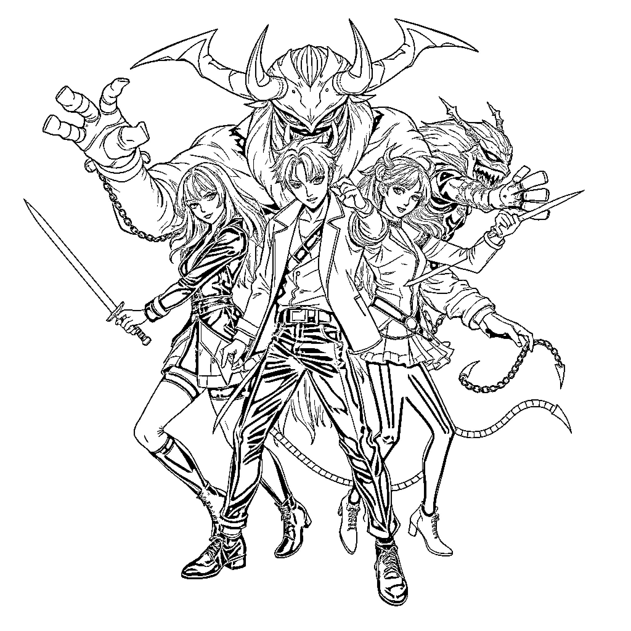 Demon Hunter Group Confrontation Coloring Page (free black-and-white line drawing printable PDF for all, from beginners to advanced learners, including children, teens, adults, and seniors)