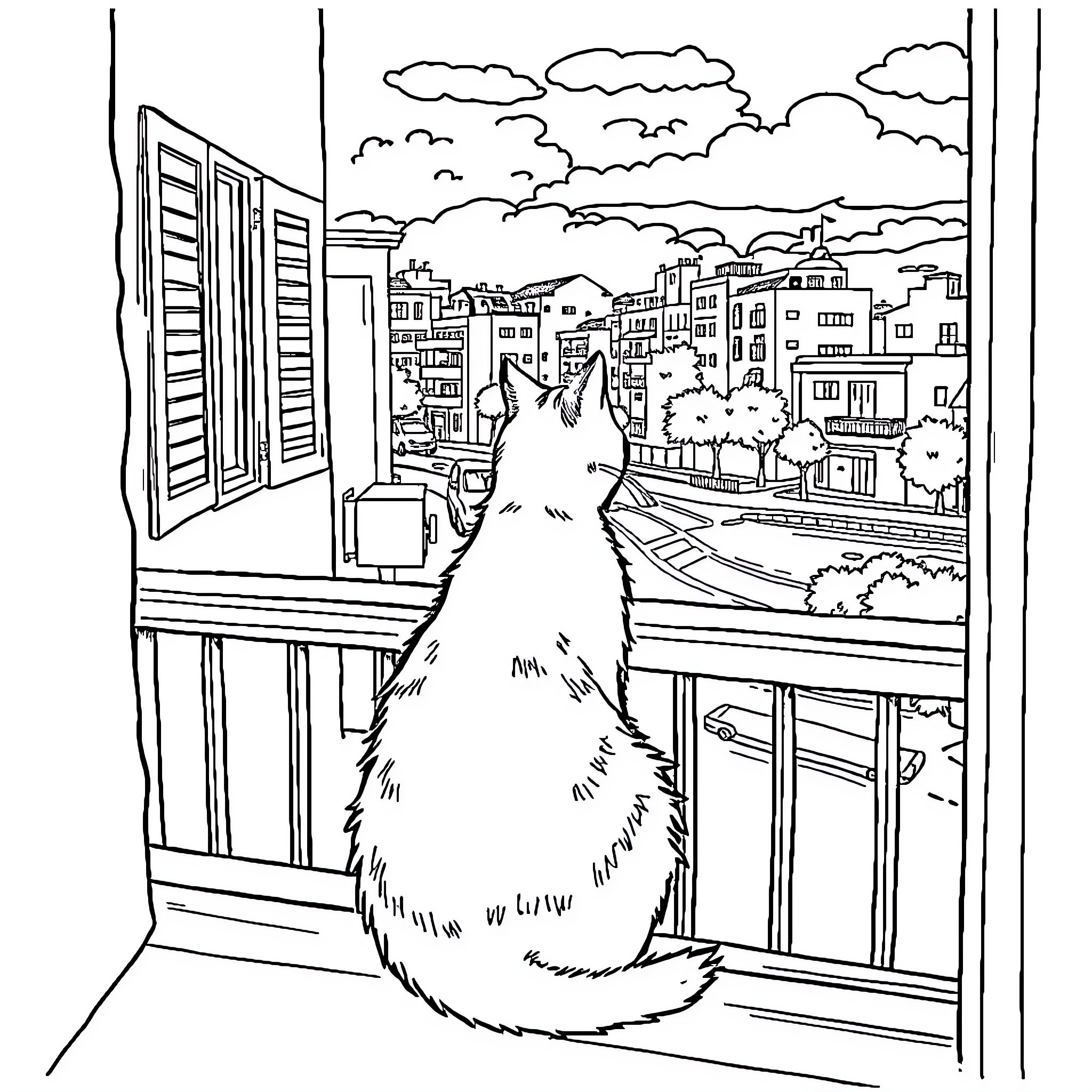 Cat gazing out from urban balcony Coloring Page (free black-and-white line drawing printable PDF for all, from beginners to advanced learners, including children, teens, adults, and seniors)