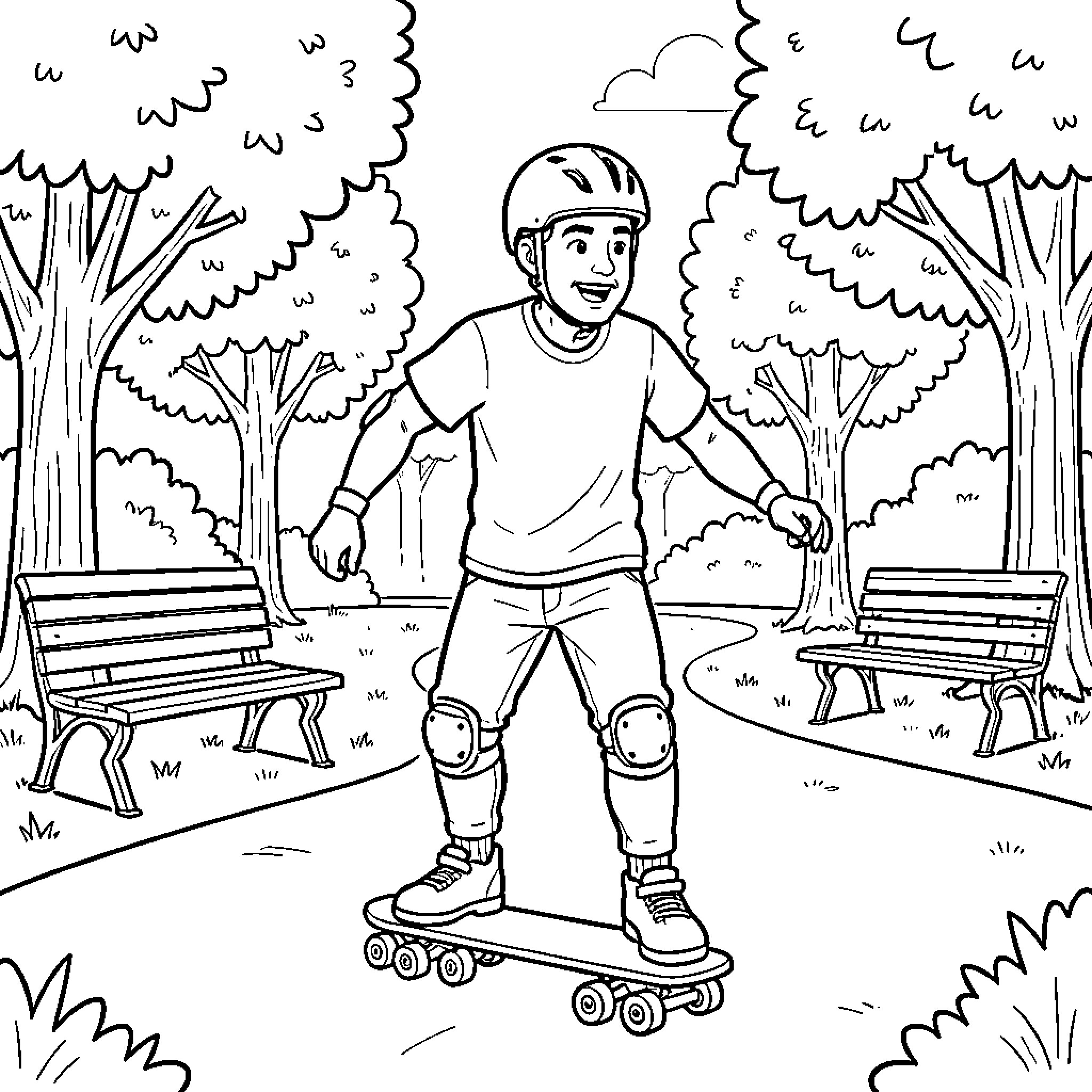 Roller skating boy smiling while riding in a park Coloring Page (free black-and-white line drawing printable PDF for all, from beginners to advanced learners, including children, teens, adults, and seniors)