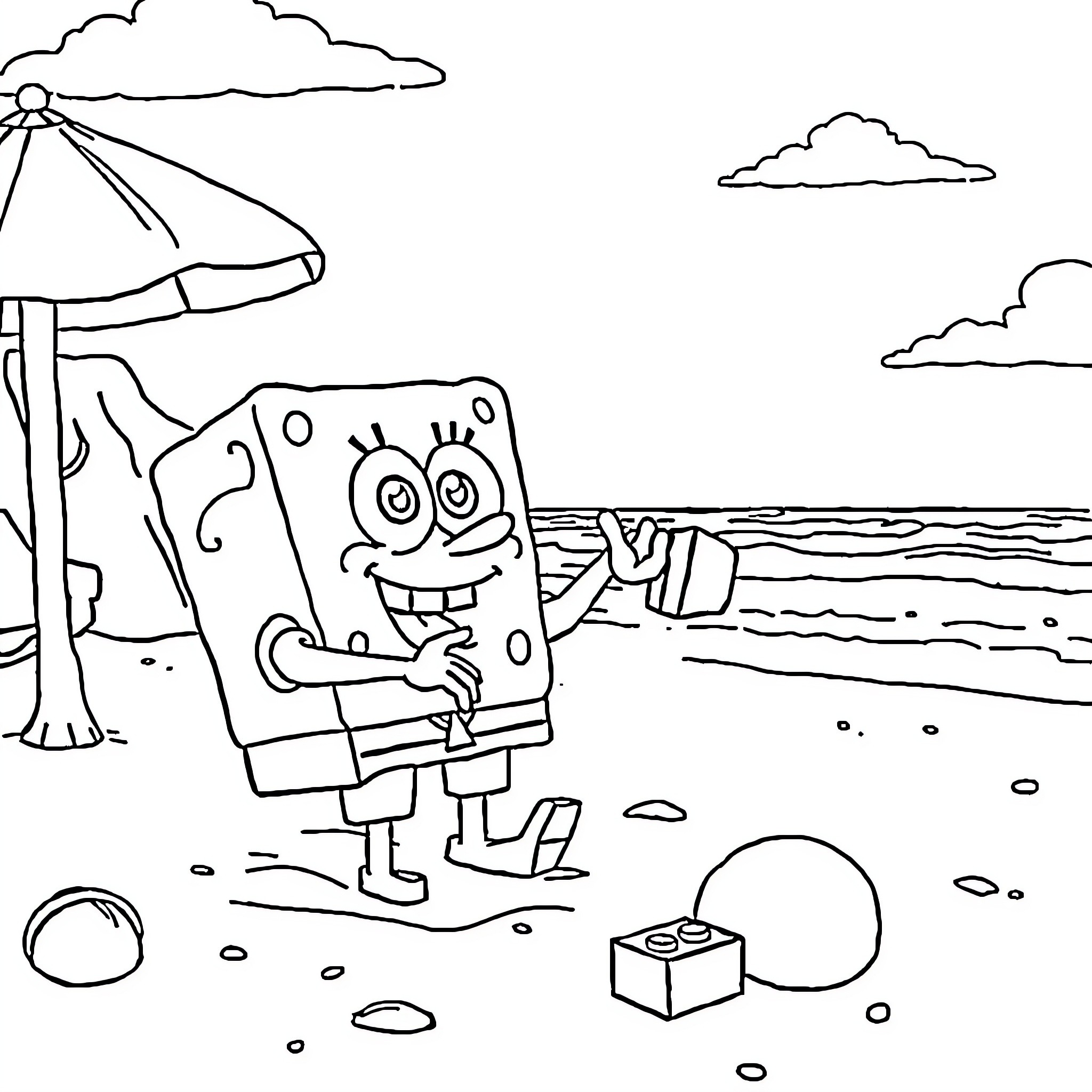 Spongebob enjoys a day at the beach Coloring Page (free black-and-white line drawing printable PDF for all, from beginners to advanced learners, including children, teens, adults, and seniors)
