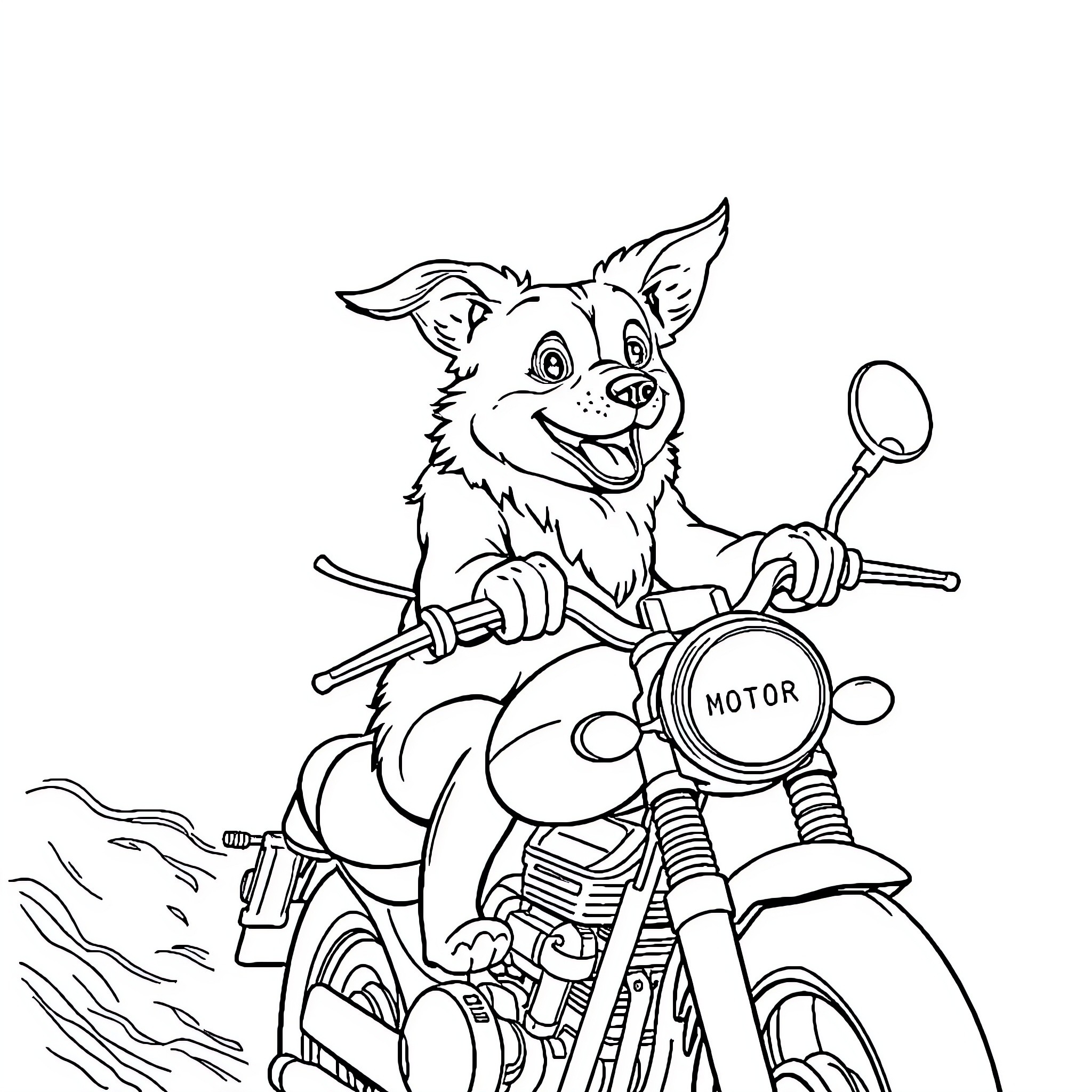 Dog riding motorcycle happily on the road Coloring Page (free black-and-white line drawing printable PDF for all, from beginners to advanced learners, including children, teens, adults, and seniors)