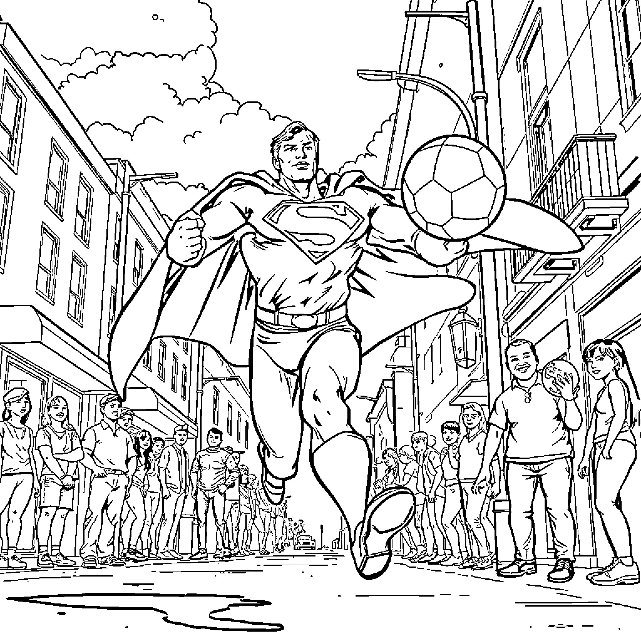 Superman saving the day with a soccer ball Coloring Page (free black-and-white line drawing printable PDF for all, from beginners to advanced learners, including children, teens, adults, and seniors)