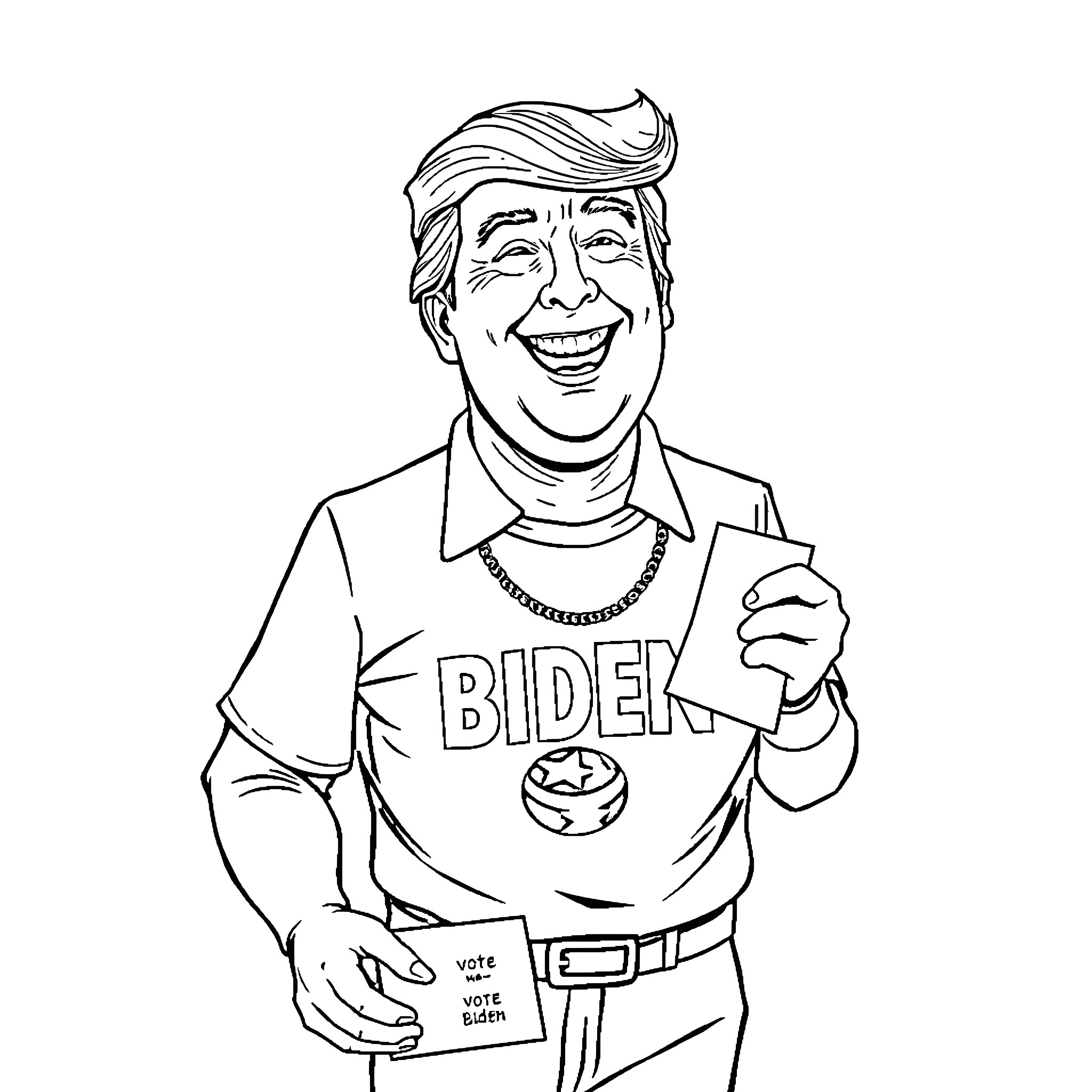 Donald Trump Smiling and Wearing a 'Biden' T-Shirt Coloring Page (free black-and-white line drawing printable PDF for all, from beginners to advanced learners, including children, teens, adults, and seniors)