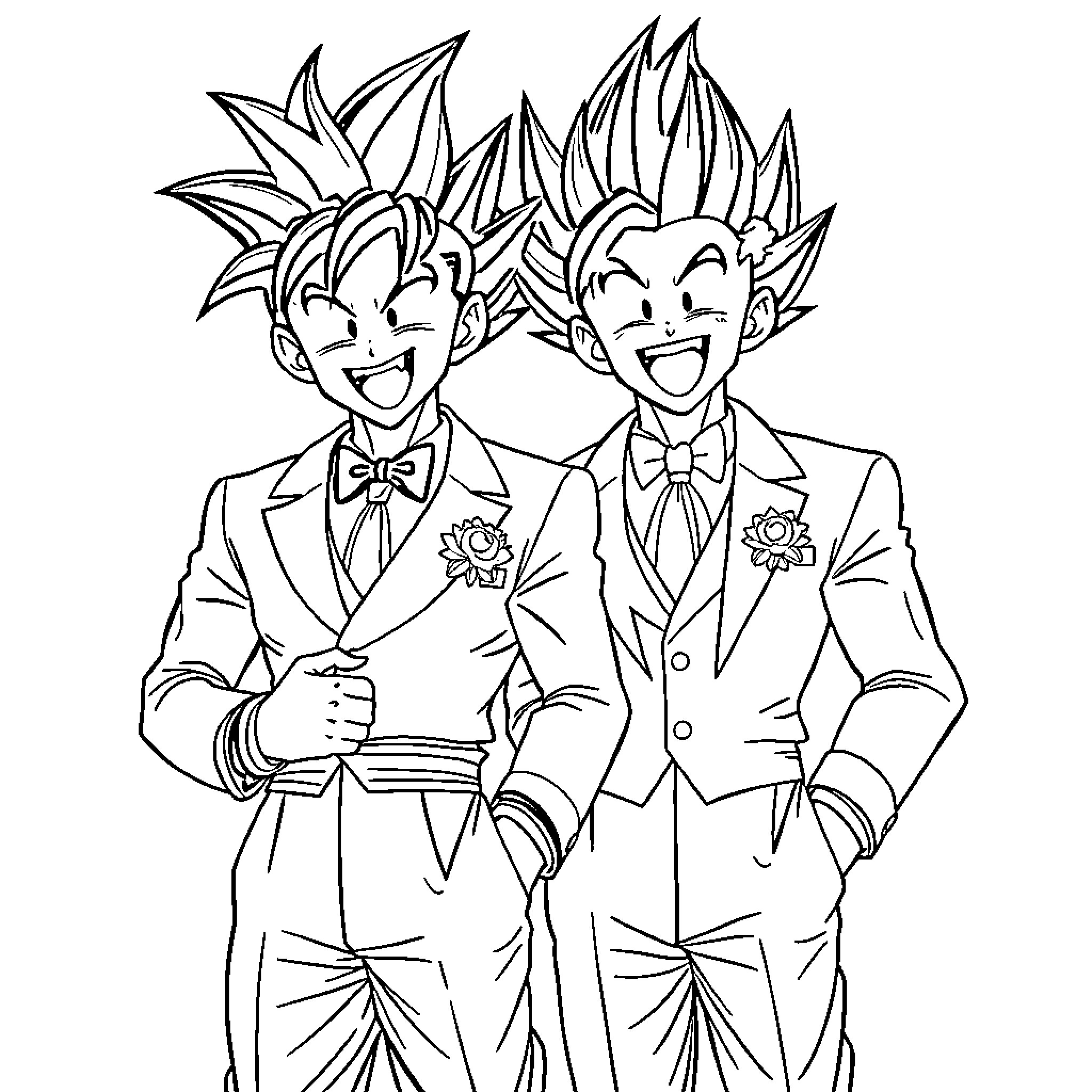 Goku and friend dressed for a formal event Coloring Page (free black-and-white line drawing printable PDF for all, from beginners to advanced learners, including children, teens, adults, and seniors)