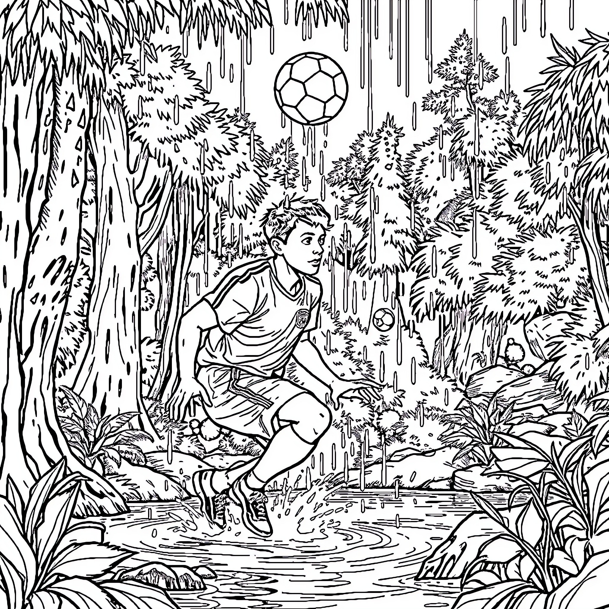 Futbol Player Exploring Lush Jungle Landscape Coloring Page (free black-and-white line drawing printable PDF for all, from beginners to advanced learners, including children, teens, adults, and seniors)