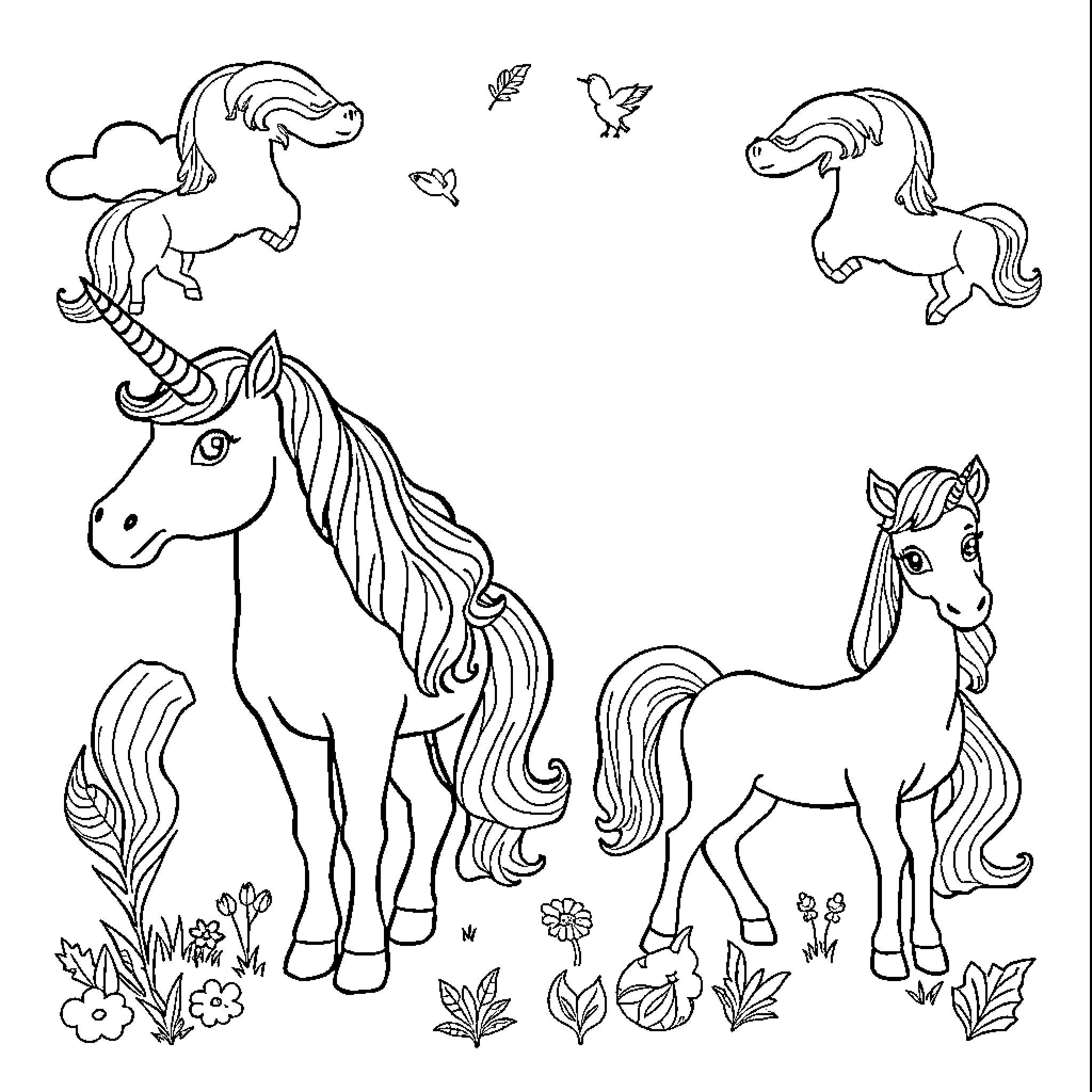 Unicorn friends frolicking in magical woodland Coloring Page (free black-and-white line drawing printable PDF for all, from beginners to advanced learners, including children, teens, adults, and seniors)