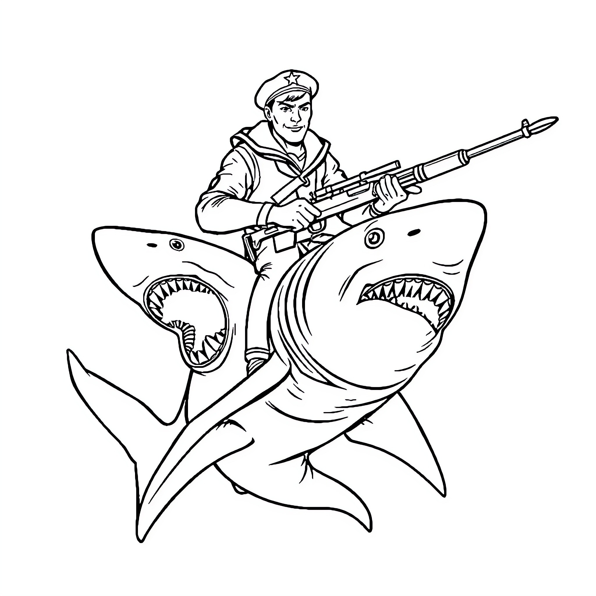 Sailor fighting sharks with a harpoon Coloring Page (free black-and-white line drawing printable PDF for all, from beginners to advanced learners, including children, teens, adults, and seniors)