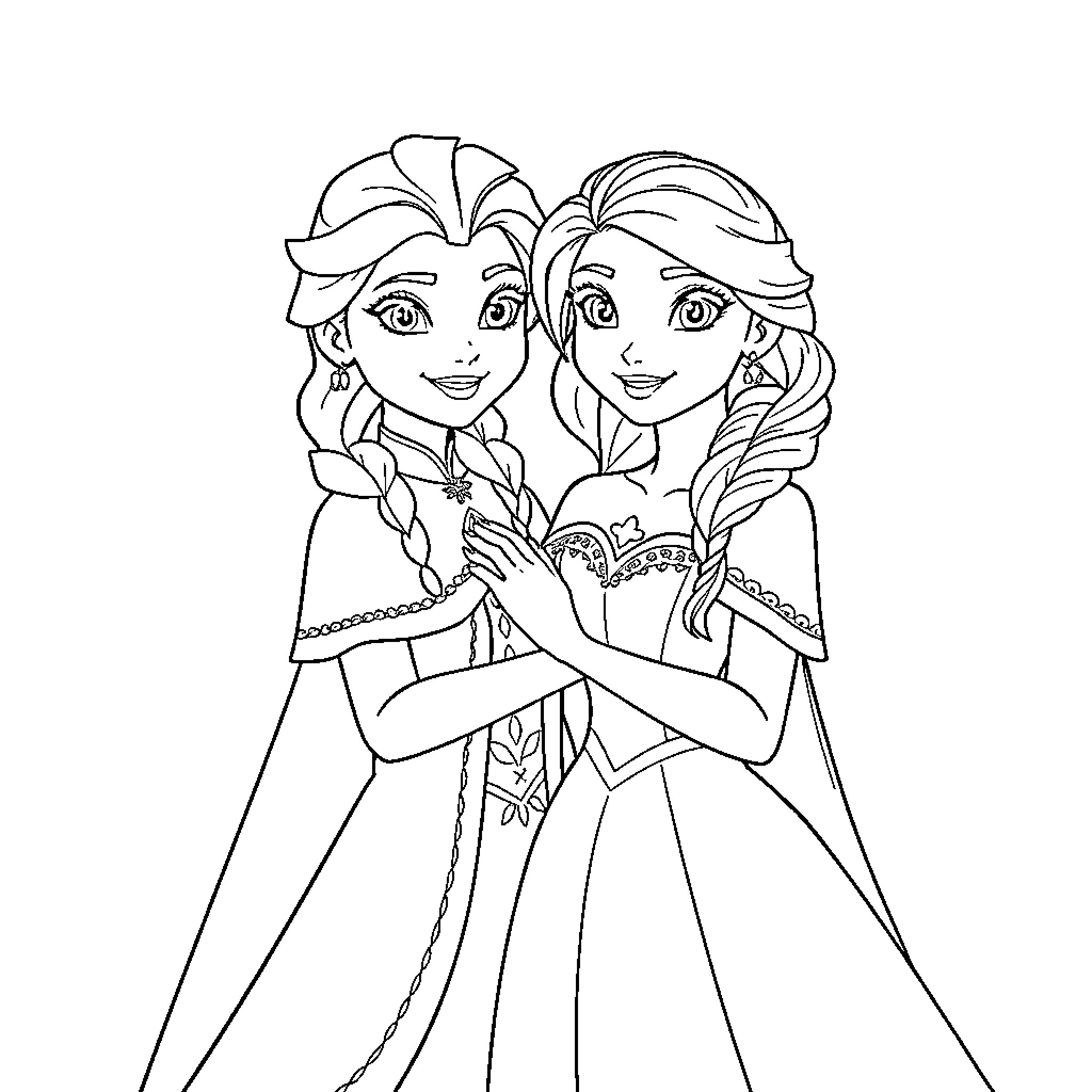 Elsa and Anna embrace in a sisterly hug Coloring Page (free black-and-white line drawing printable PDF for all, from beginners to advanced learners, including children, teens, adults, and seniors)
