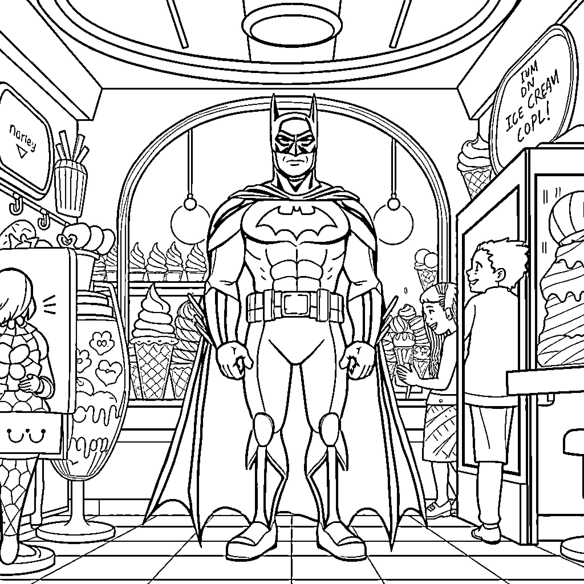 Batman in heroic pose at the ice cream shop Coloring Page (free black-and-white line drawing printable PDF for all, from beginners to advanced learners, including children, teens, adults, and seniors)
