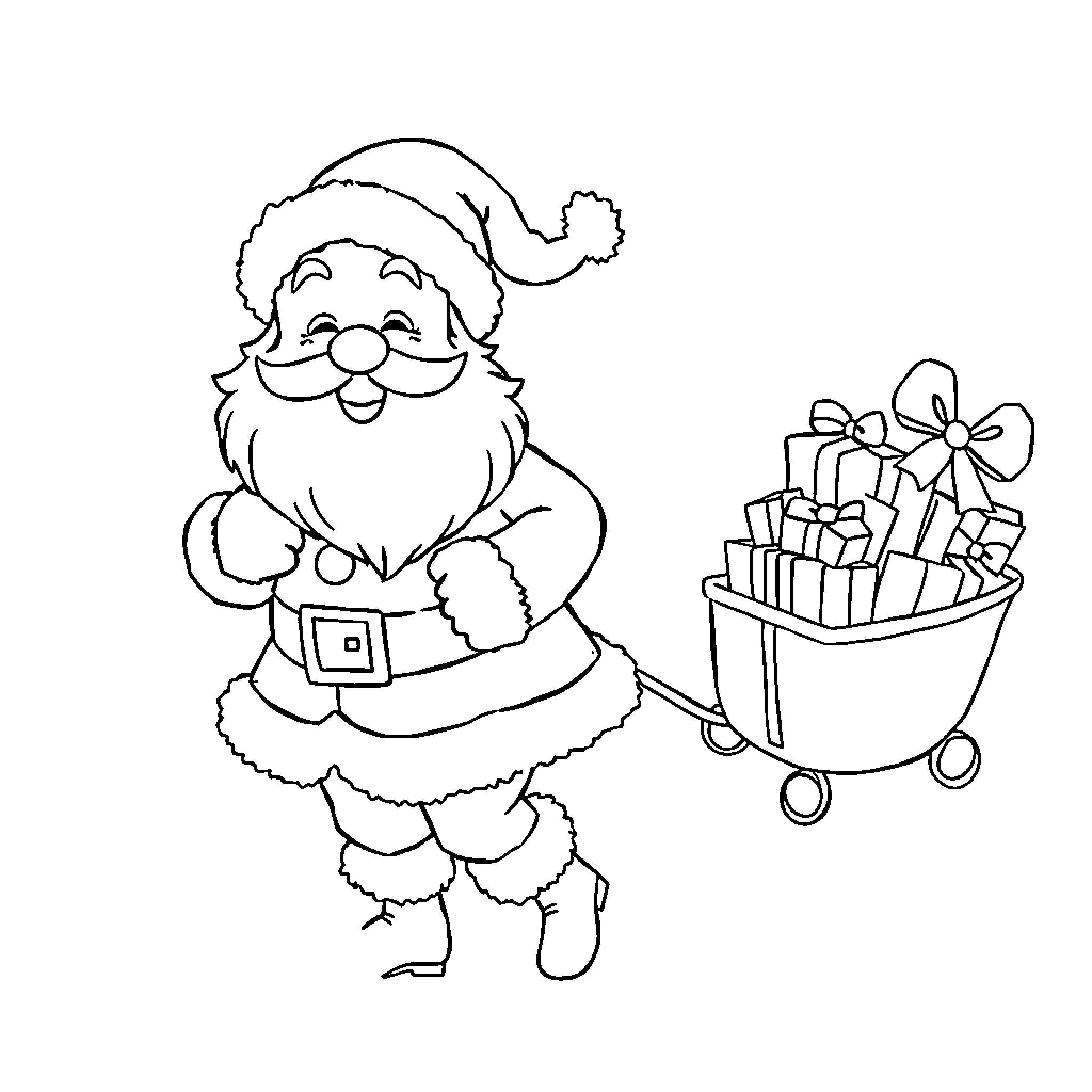 Santa Claus delivering presents in a cart Coloring Page (free black-and-white line drawing printable PDF for all, from beginners to advanced learners, including children, teens, adults, and seniors)