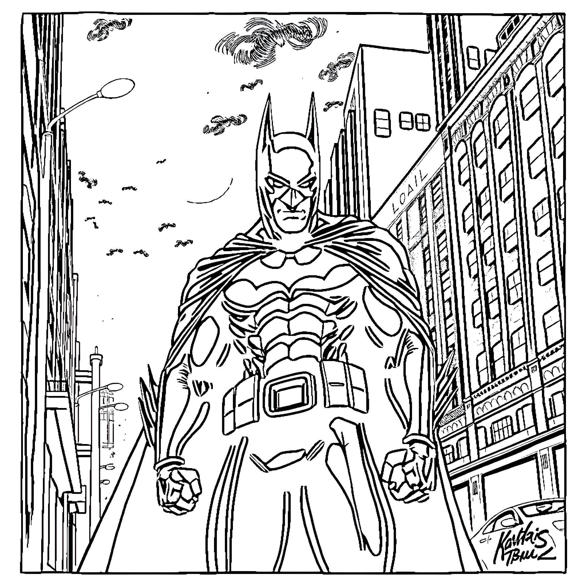 Batman Heroically Stands Tall in the City Coloring Page (free black-and-white line drawing printable PDF for all, from beginners to advanced learners, including children, teens, adults, and seniors)