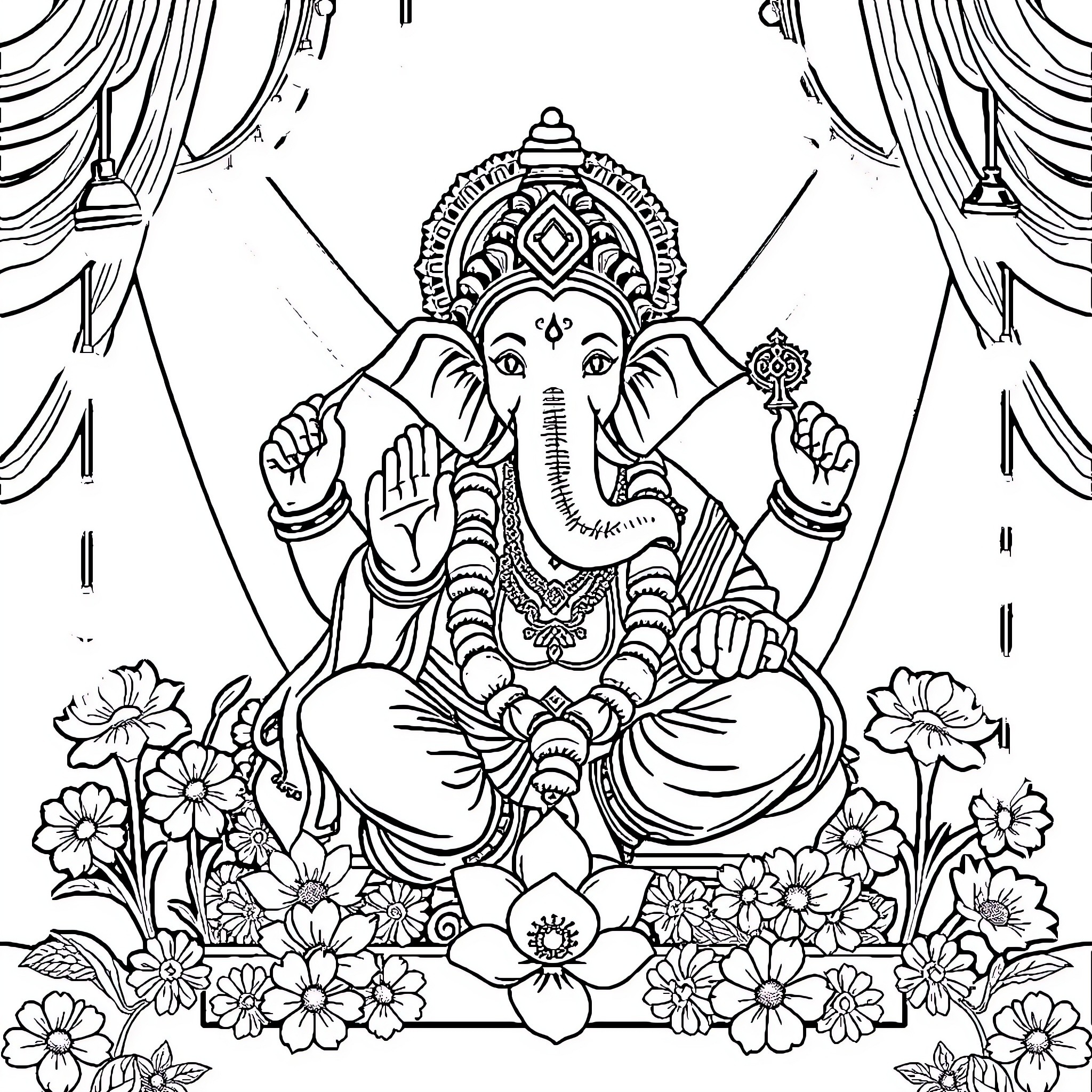 Ganpati Sitting Amidst Floral Decor Coloring Page (free black-and-white line drawing printable PDF for all, from beginners to advanced learners, including children, teens, adults, and seniors)